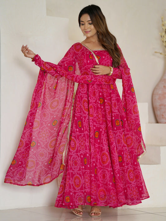 Wonderful Pink Bandhani Printed Chiffon Festival Anarkali Gown