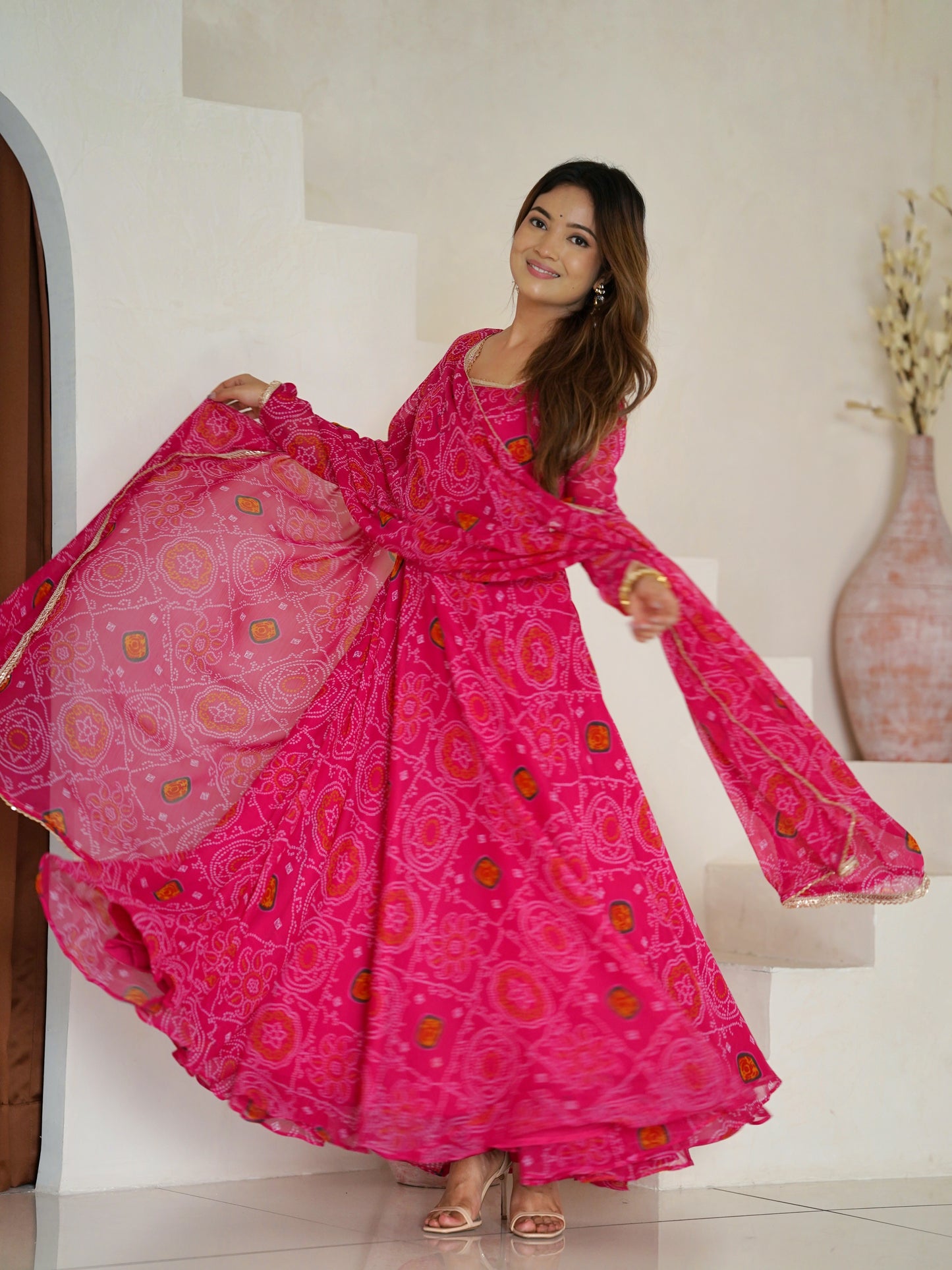 Wonderful Pink Bandhani Printed Chiffon Festival Anarkali Gown