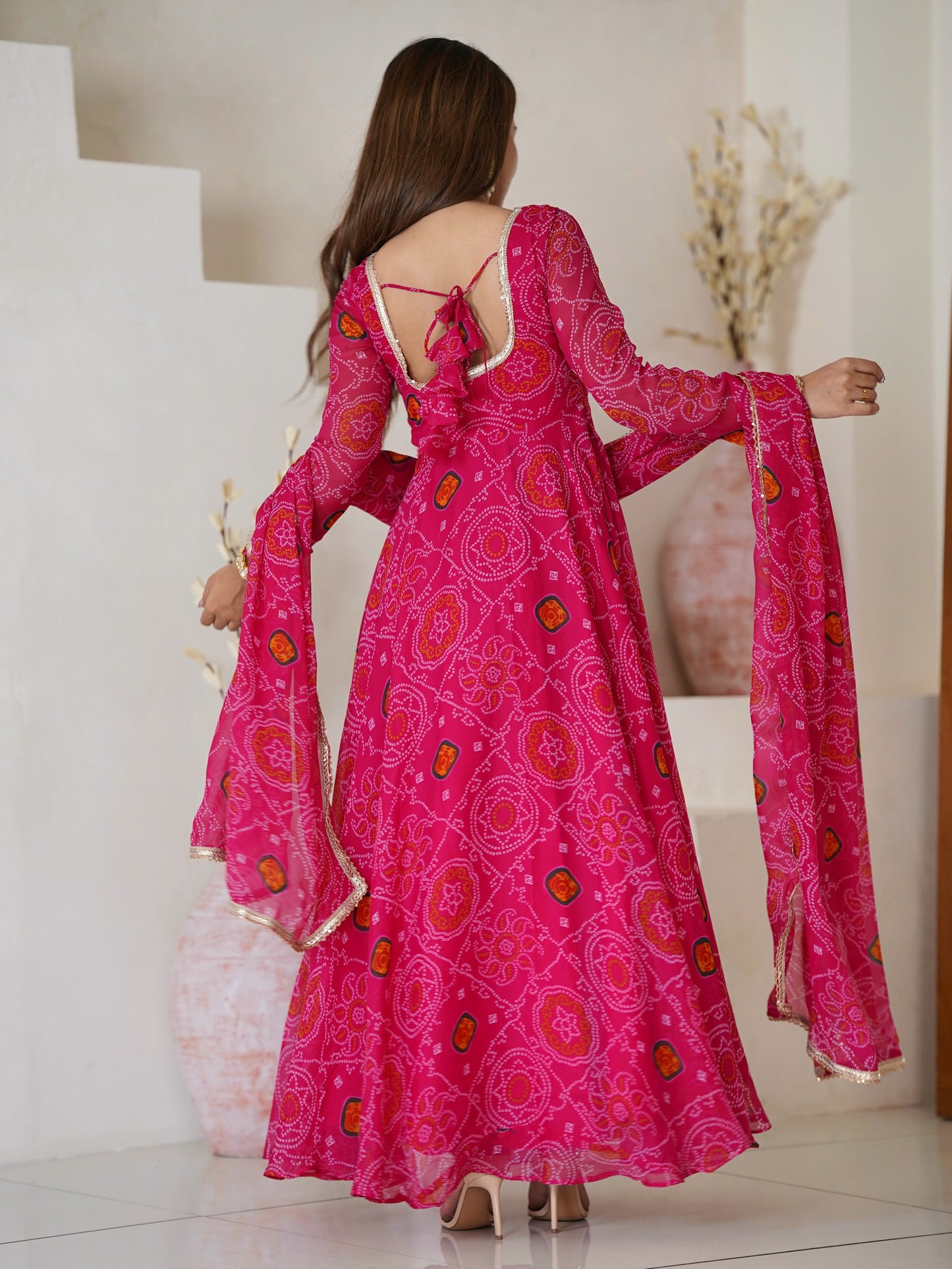 Wonderful Pink Bandhani Printed Chiffon Festival Anarkali Gown
