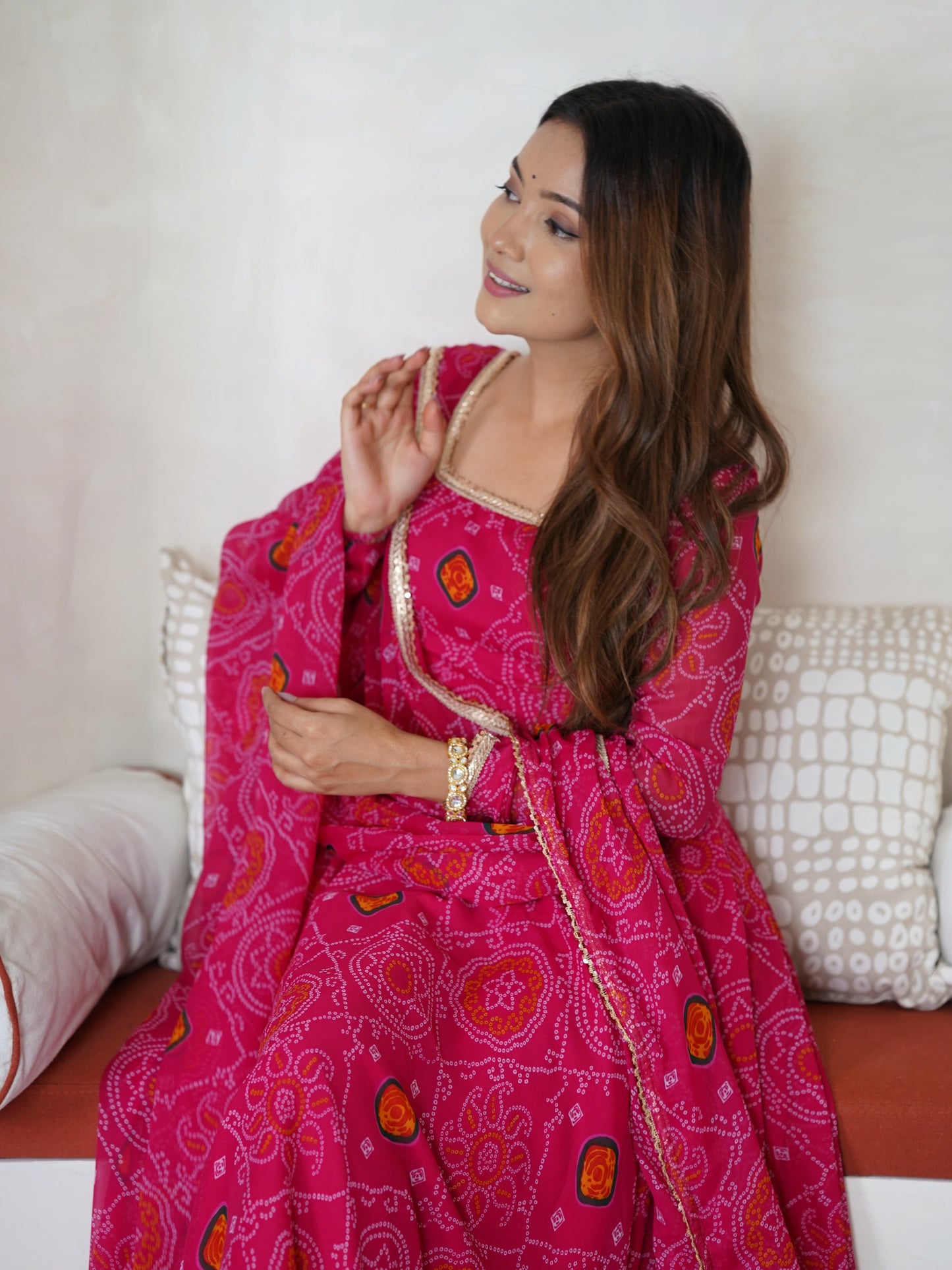 Wonderful Pink Bandhani Printed Chiffon Festival Anarkali Gown