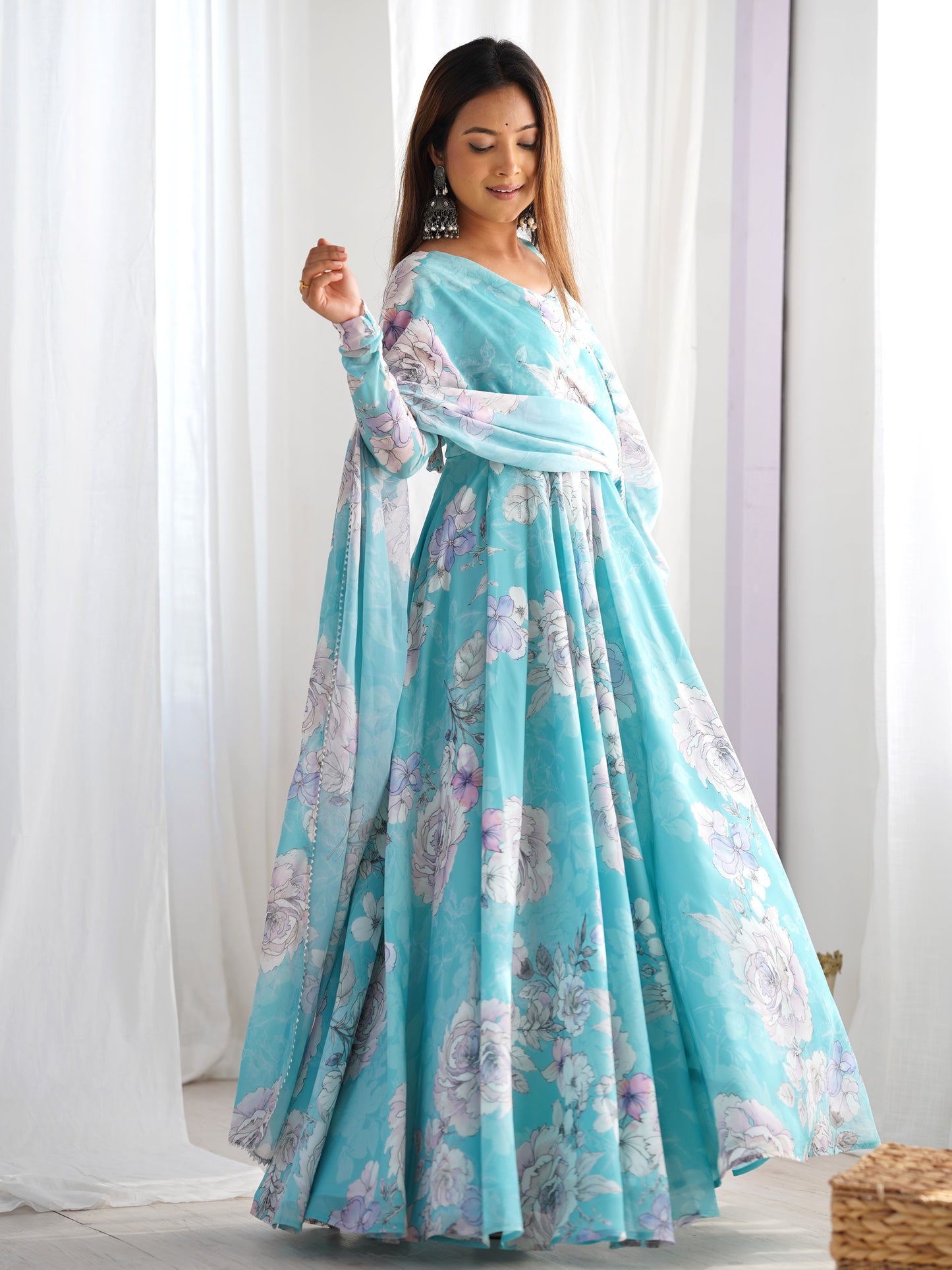 Dreamy Sky-Blue Floral Printed Georgette Designer Gown