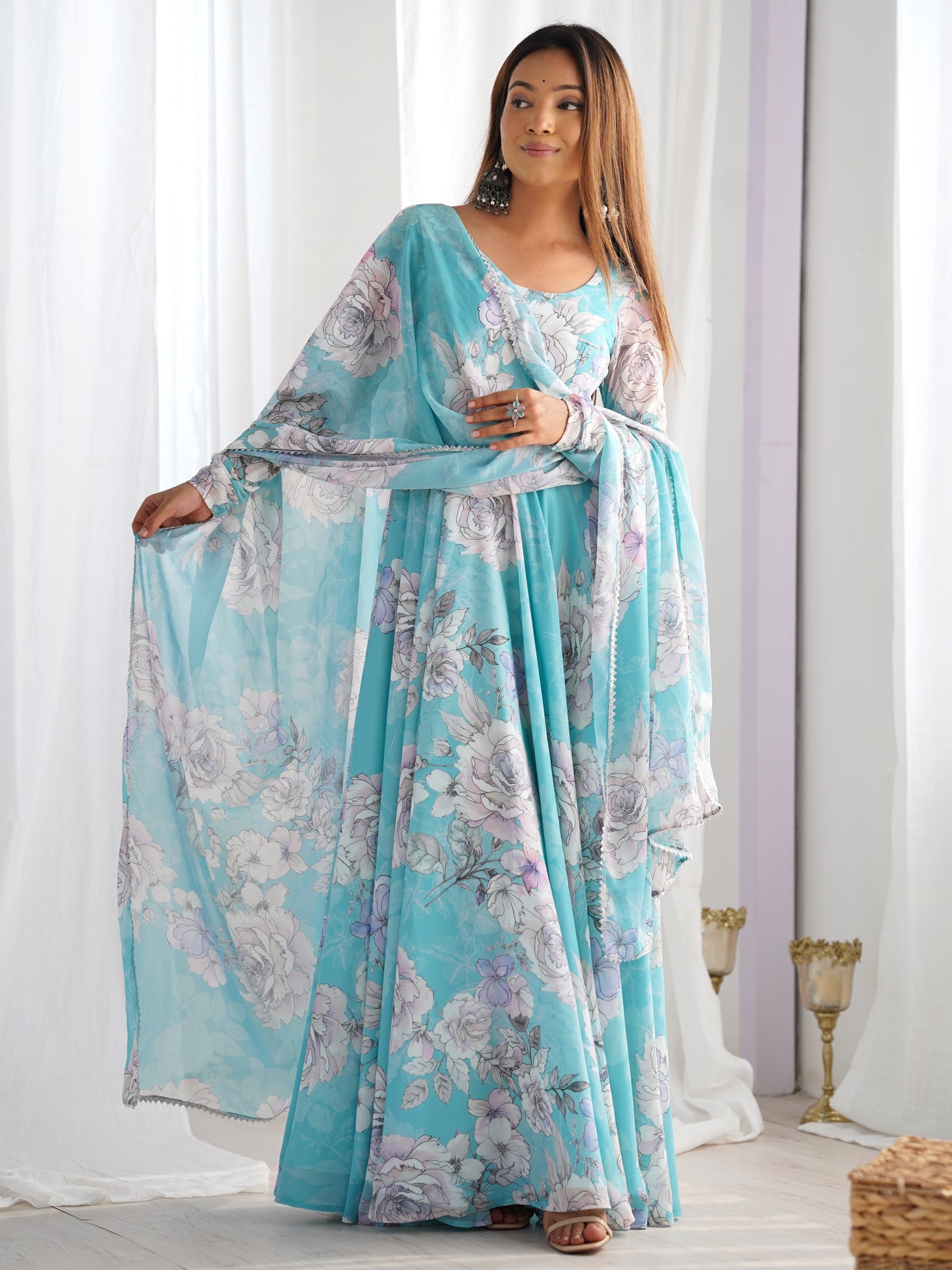 Dreamy Sky-Blue Floral Printed Georgette Designer Gown