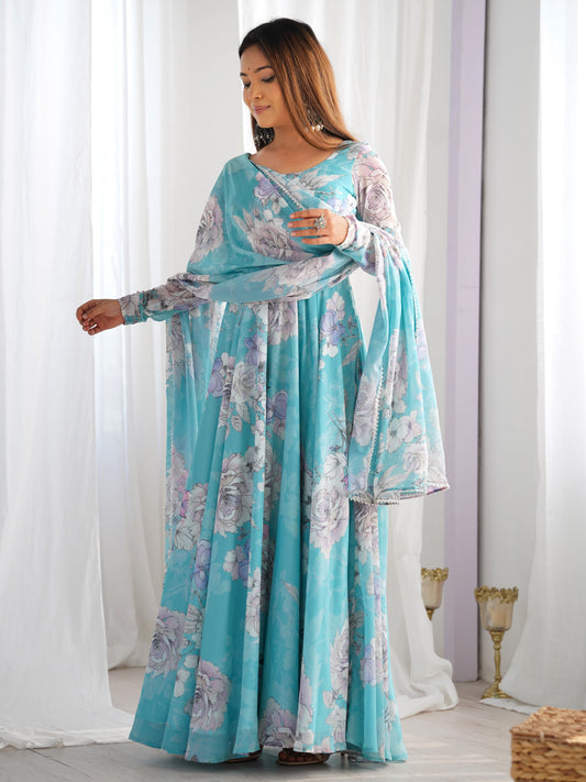 Dreamy Sky-Blue Floral Printed Georgette Designer Gown