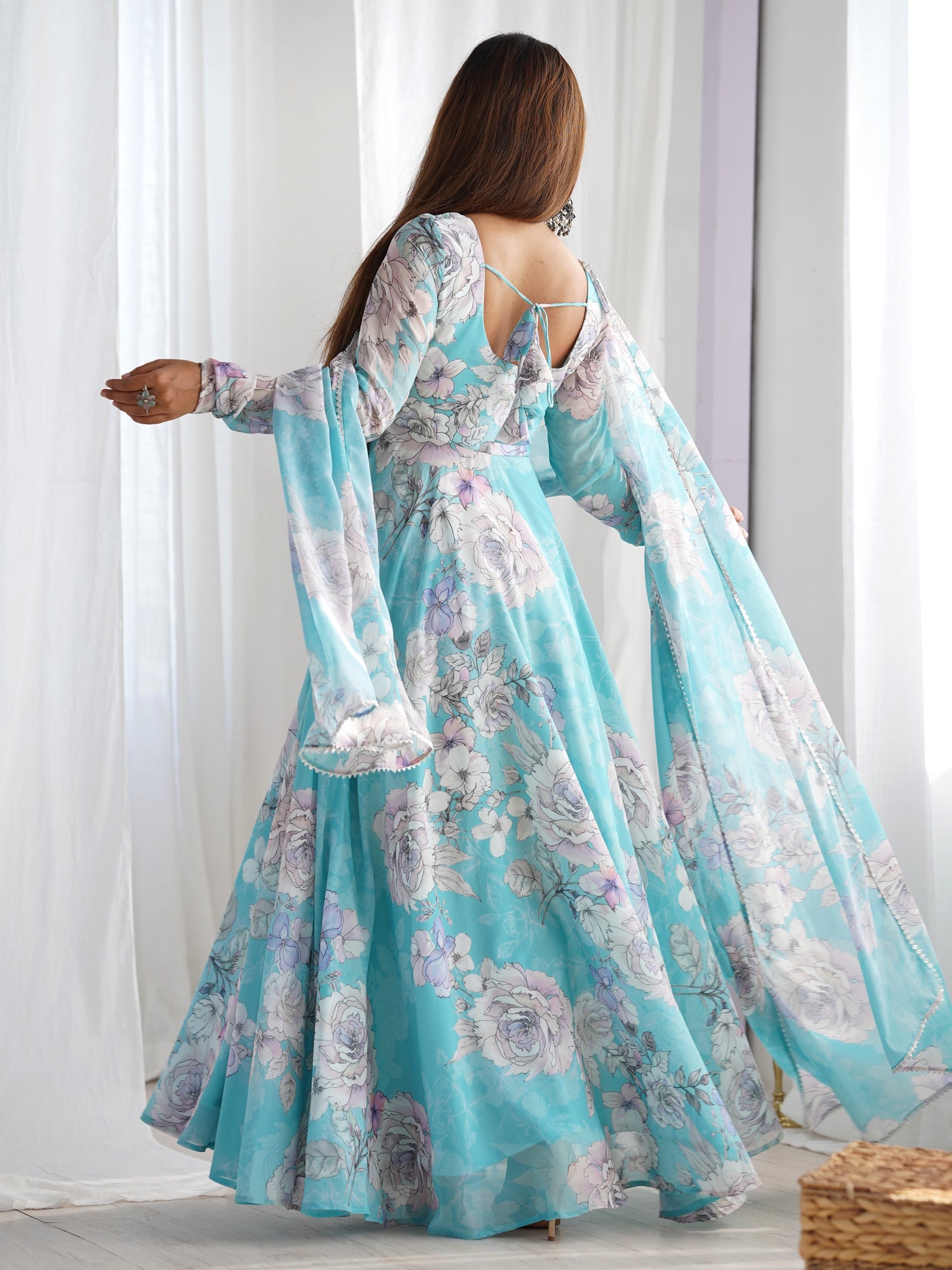 Dreamy Sky-Blue Floral Printed Georgette Designer Gown