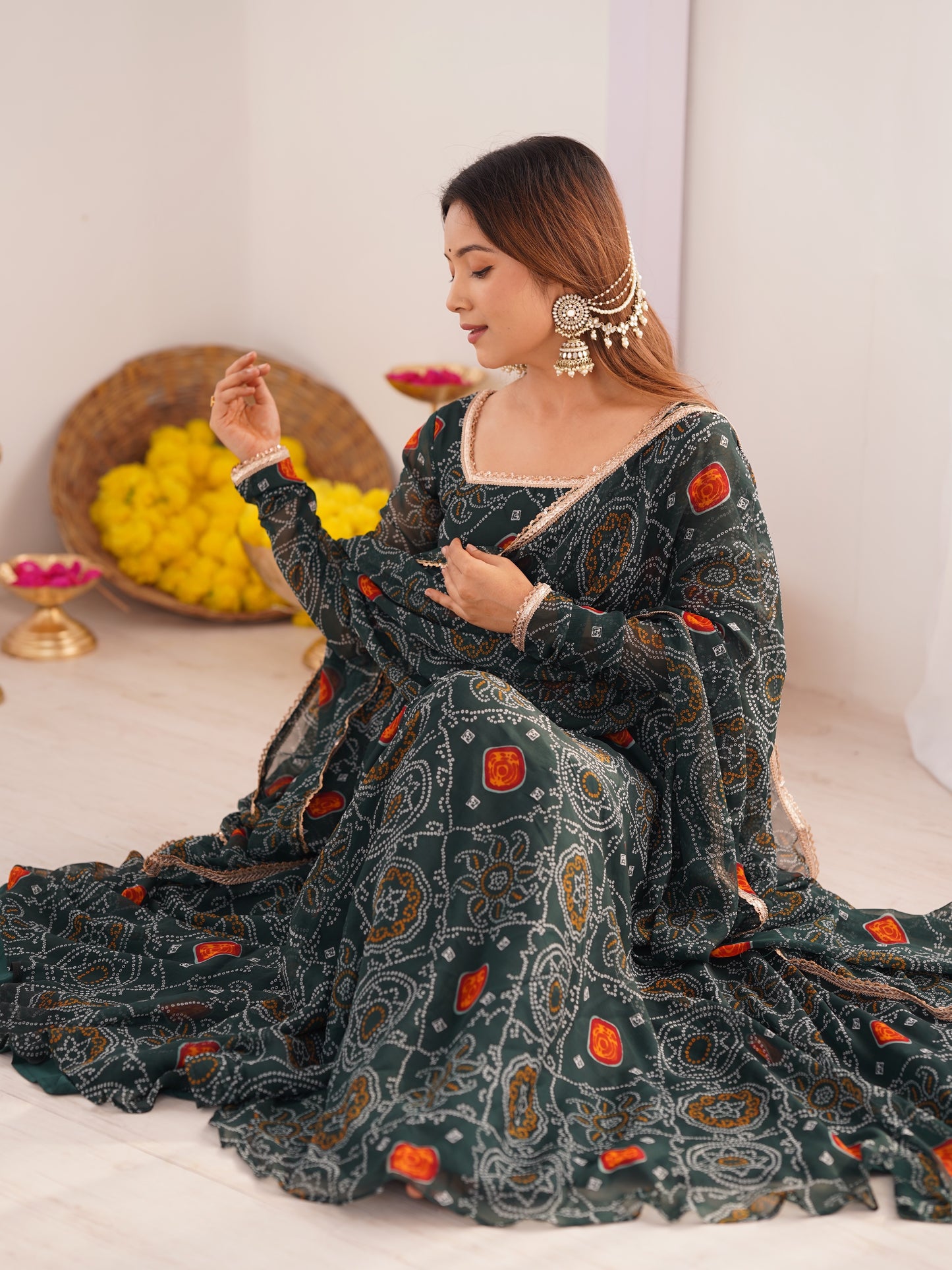 Marvelous Green Bandhani Printed Chiffon Navratri Anarkali Gown
