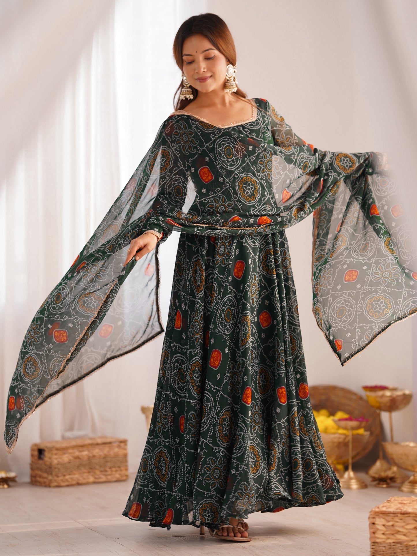 Marvelous Green Bandhani Printed Chiffon Navratri Anarkali Gown