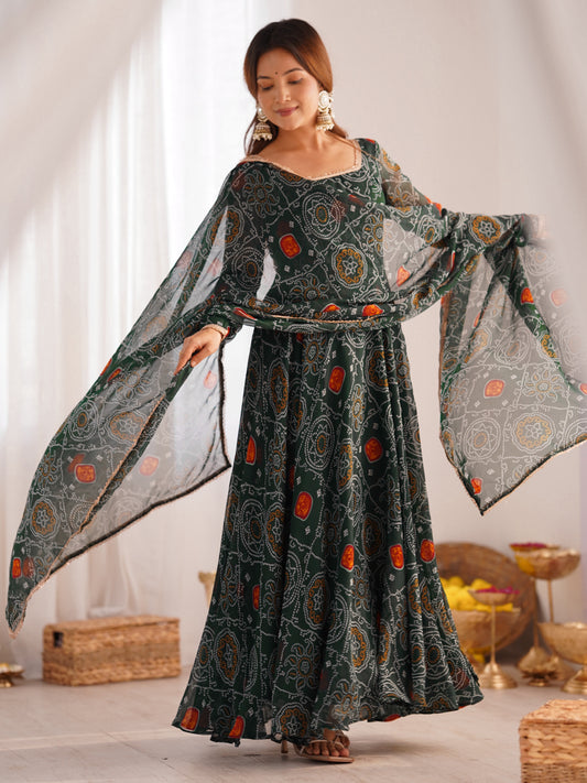 Marvelous Green Bandhani Printed Chiffon Navratri Anarkali Gown