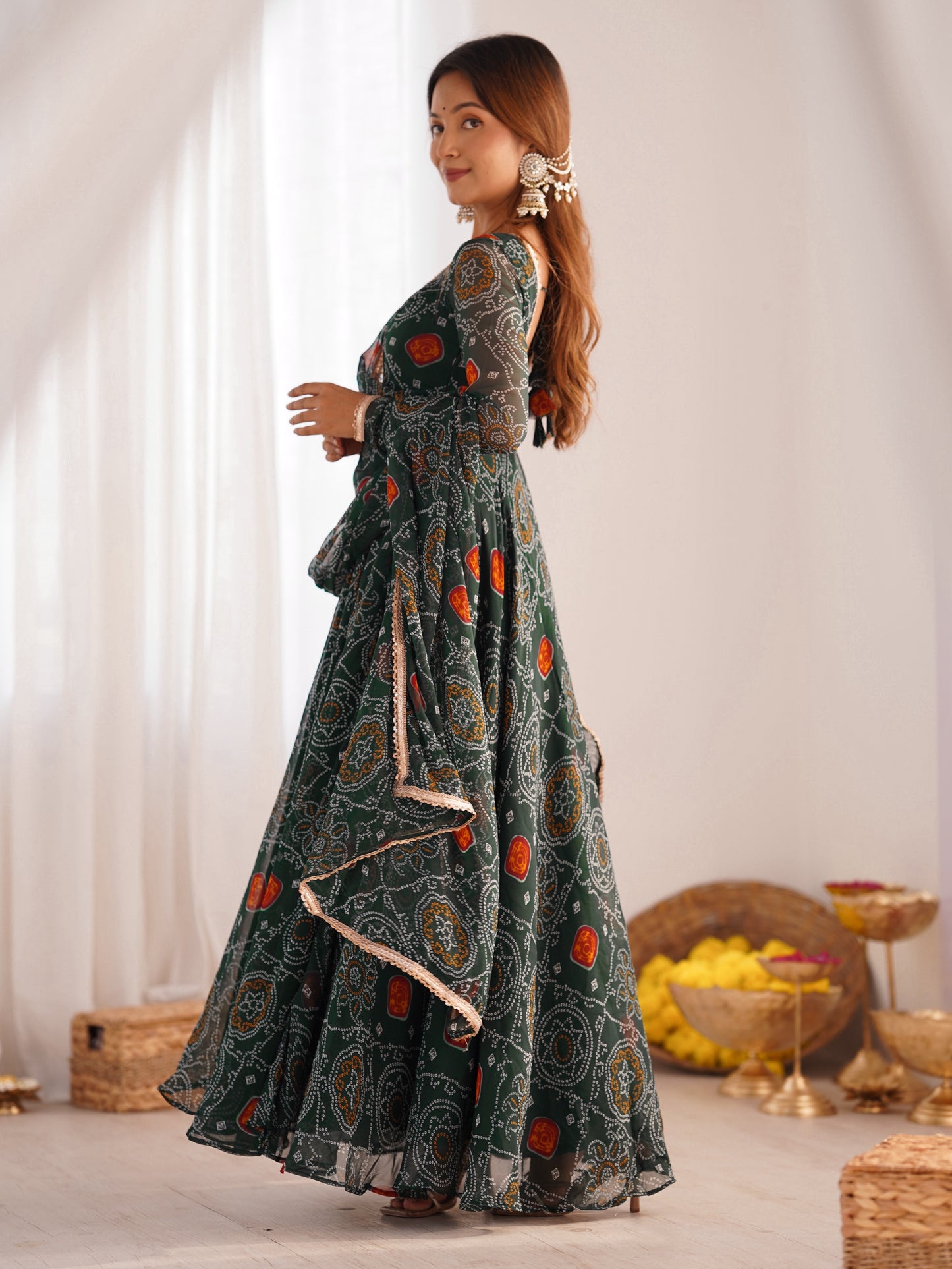 Marvelous Green Bandhani Printed Chiffon Navratri Anarkali Gown