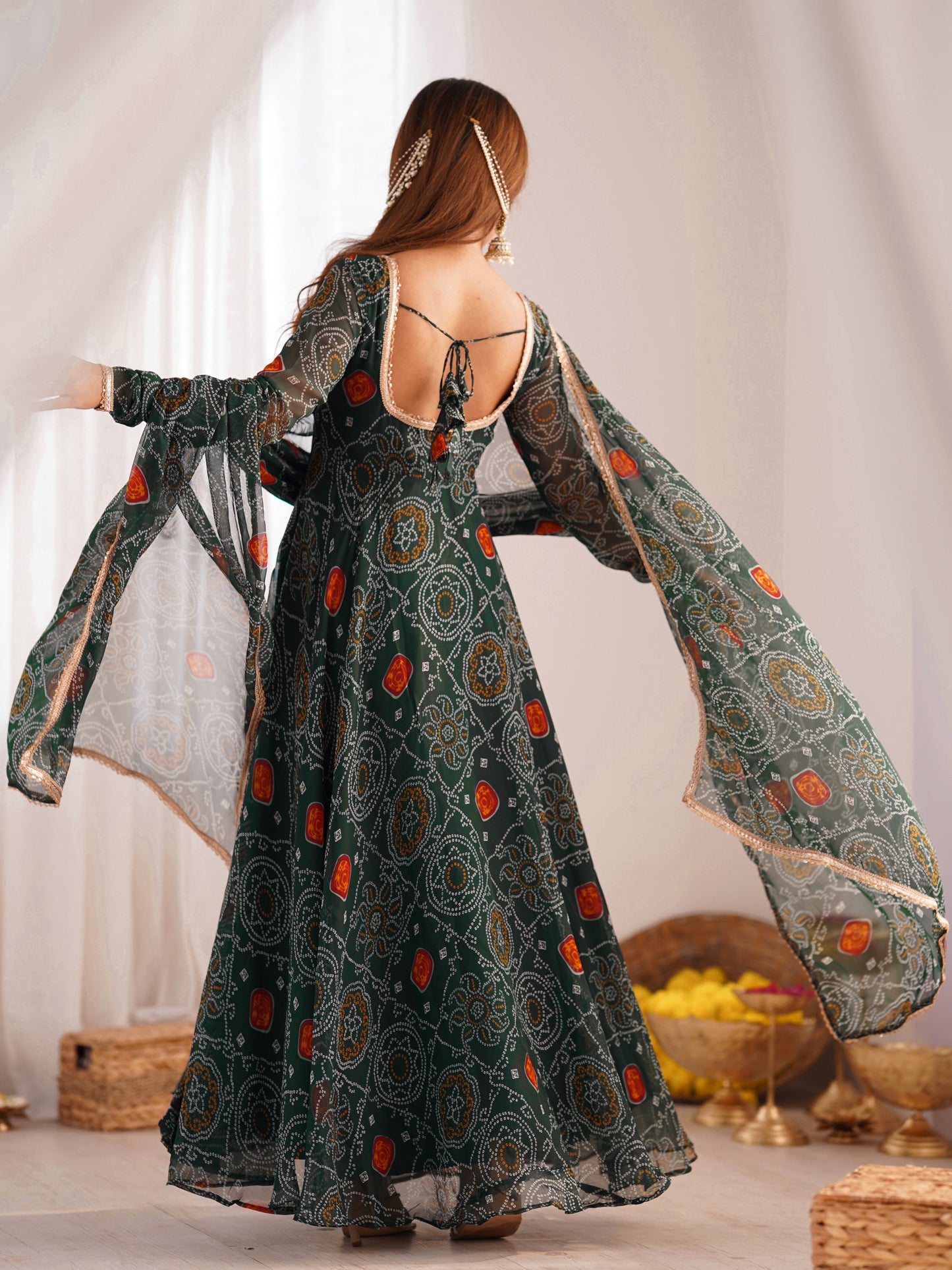 Marvelous Green Bandhani Printed Chiffon Navratri Anarkali Gown