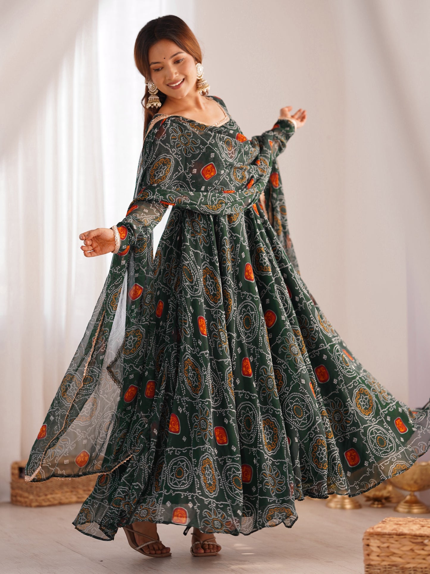 Marvelous Green Bandhani Printed Chiffon Navratri Anarkali Gown