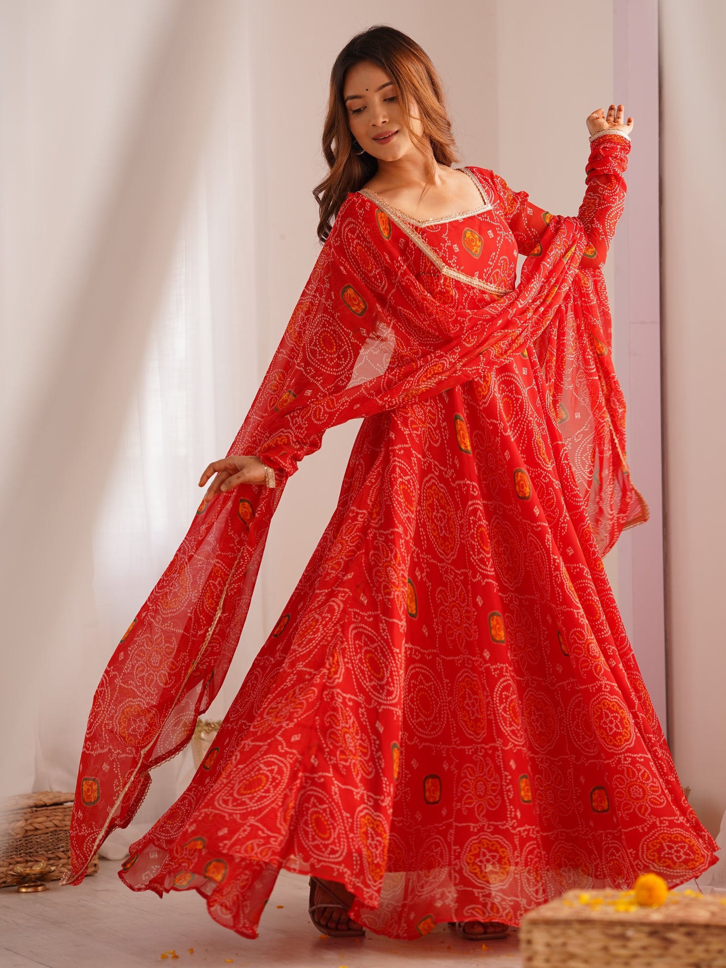 Enchanting Red Bandhani Printed Chiffon Navratri Anarkali Gown