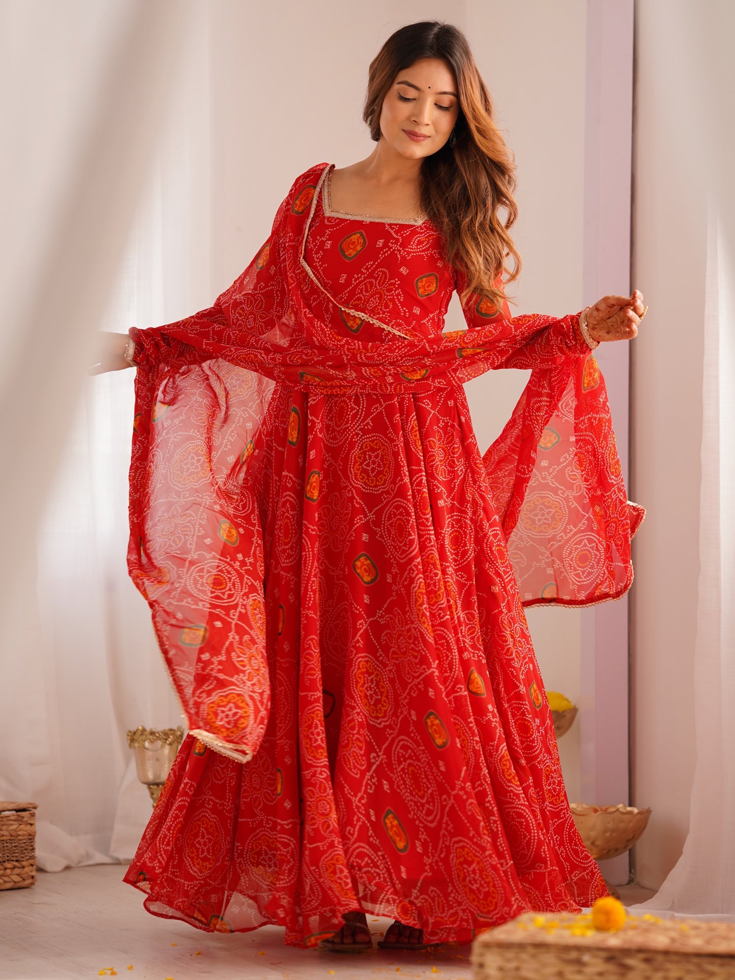 Enchanting Red Bandhani Printed Chiffon Navratri Anarkali Gown