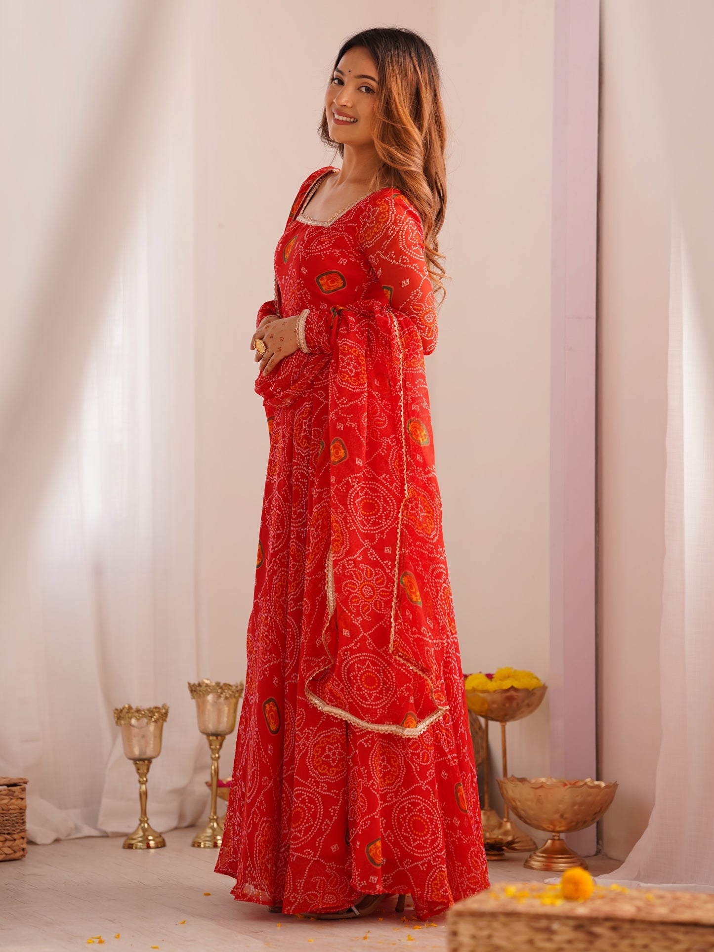 Enchanting Red Bandhani Printed Chiffon Navratri Anarkali Gown