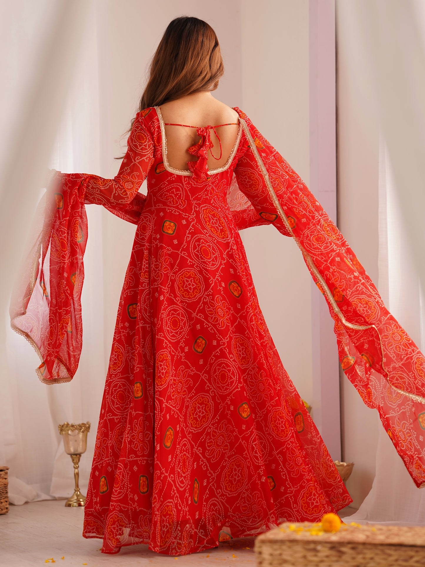 Enchanting Red Bandhani Printed Chiffon Navratri Anarkali Gown