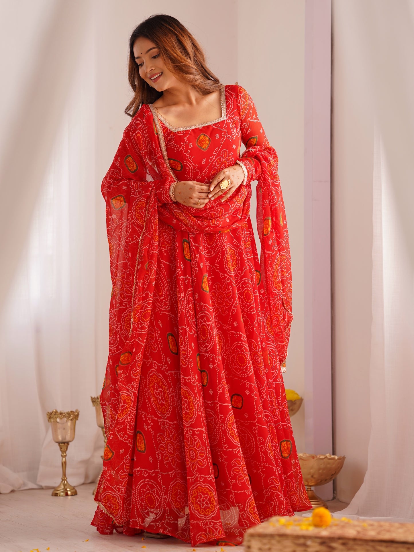 Enchanting Red Bandhani Printed Chiffon Navratri Anarkali Gown