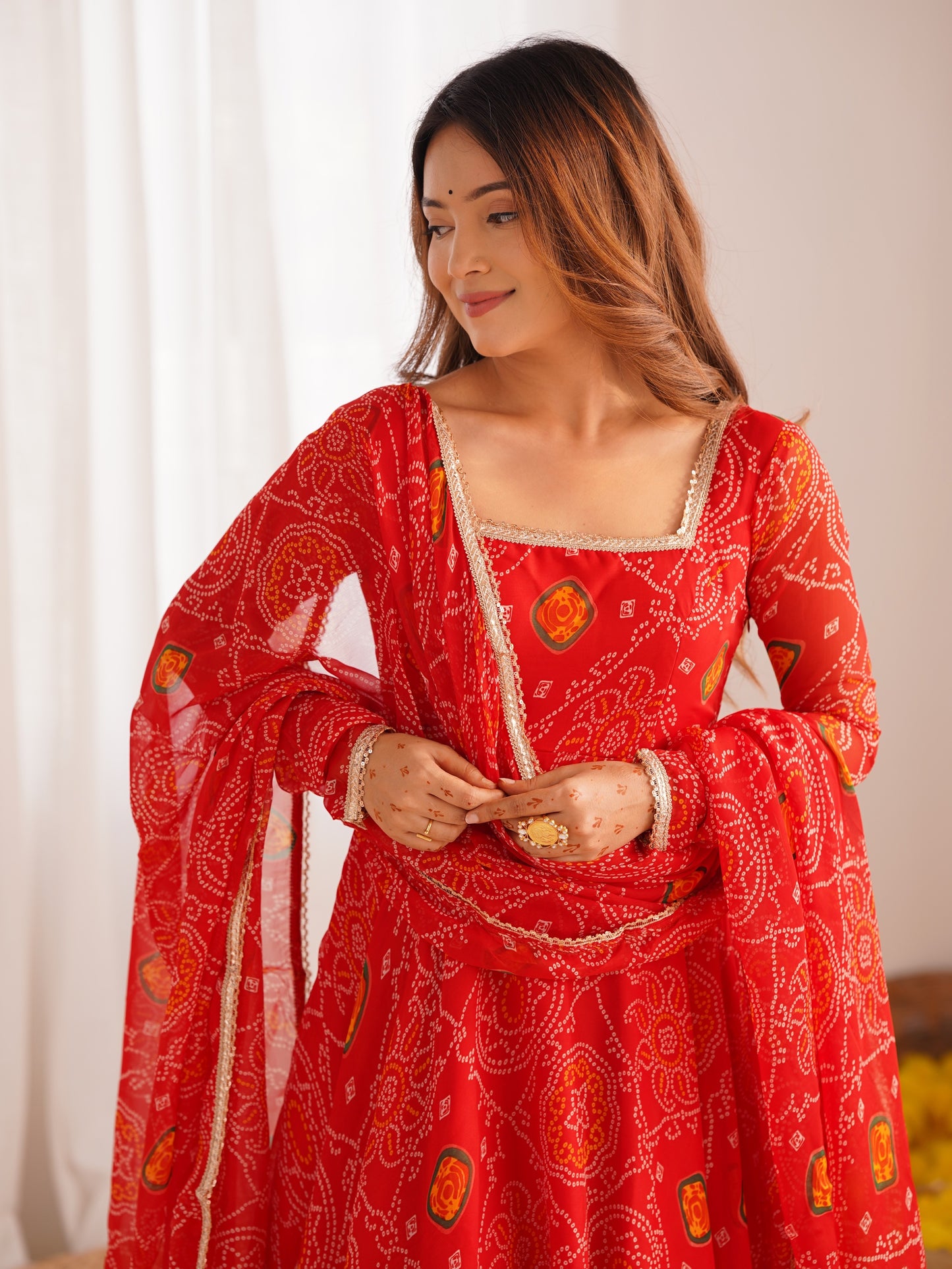 Enchanting Red Bandhani Printed Chiffon Navratri Anarkali Gown