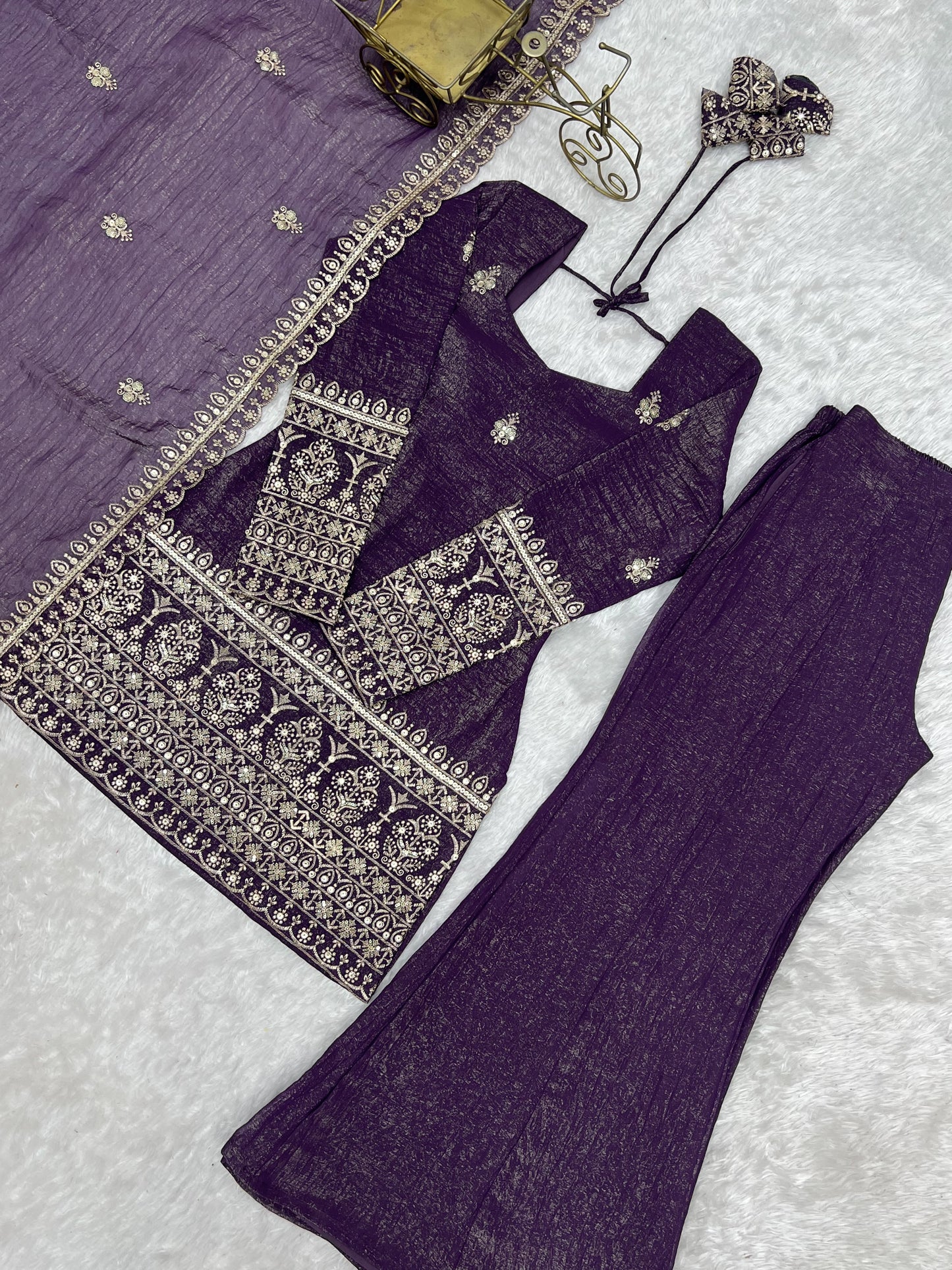 Dazzling Purple Embroidery Crunchy Silk Designer Palazzo Suit