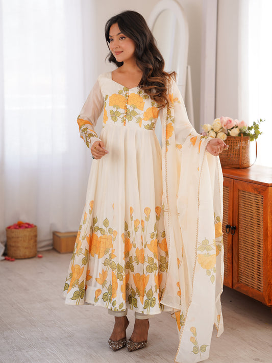 Adorable Off-White Floral Printed Organza Festival Anarkali Suit
