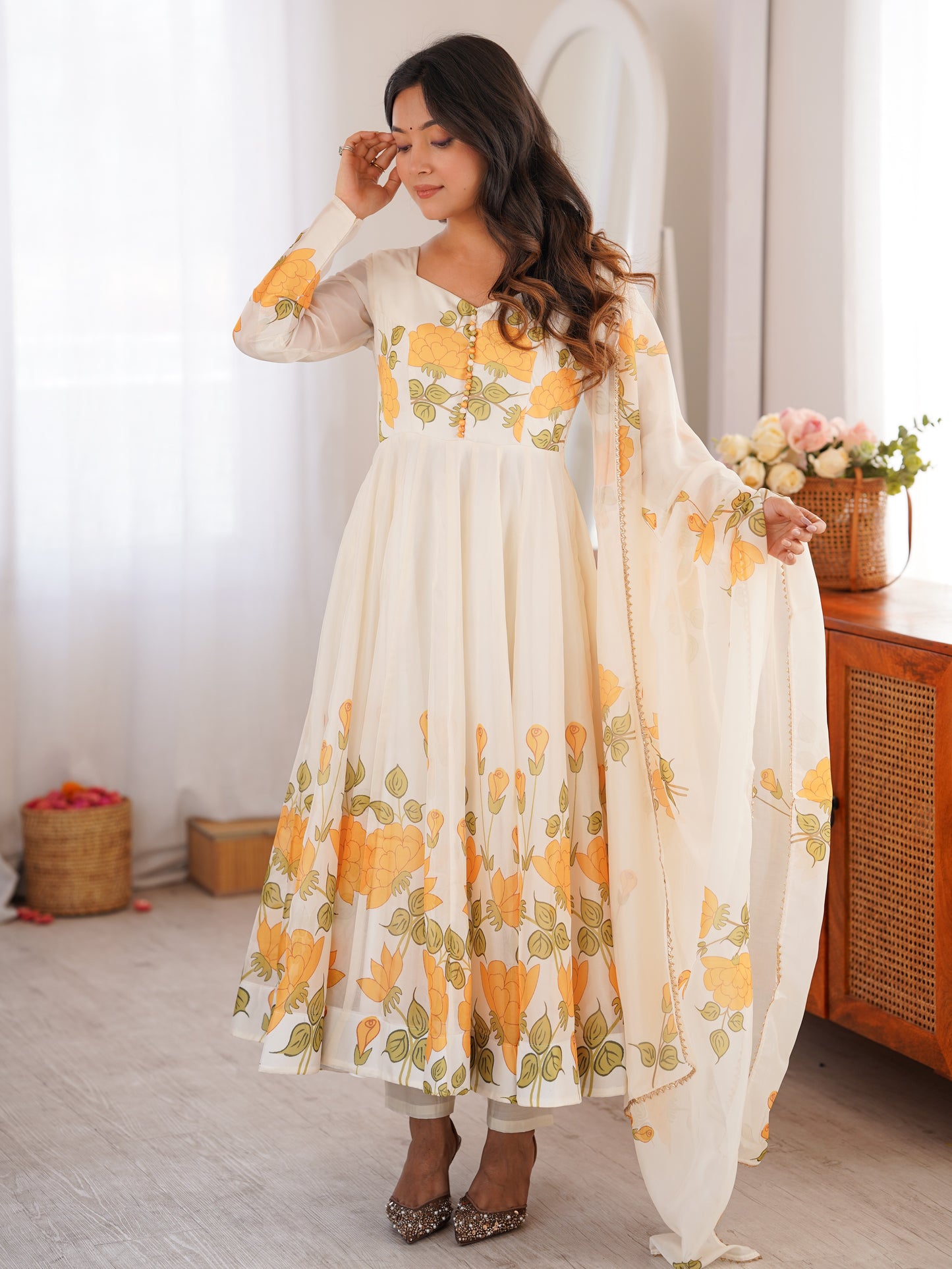 Adorable Off-White Floral Printed Organza Festival Anarkali Suit