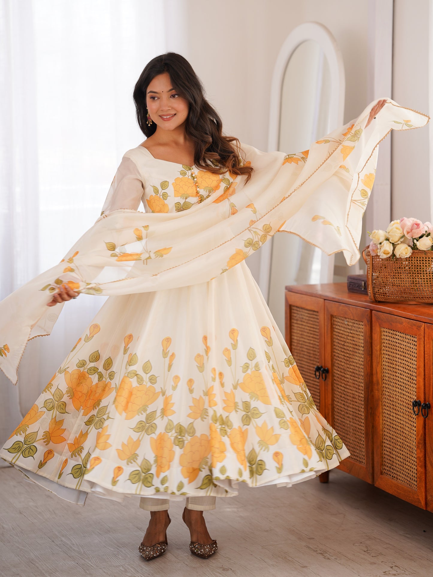 Adorable Off-White Floral Printed Organza Festival Anarkali Suit