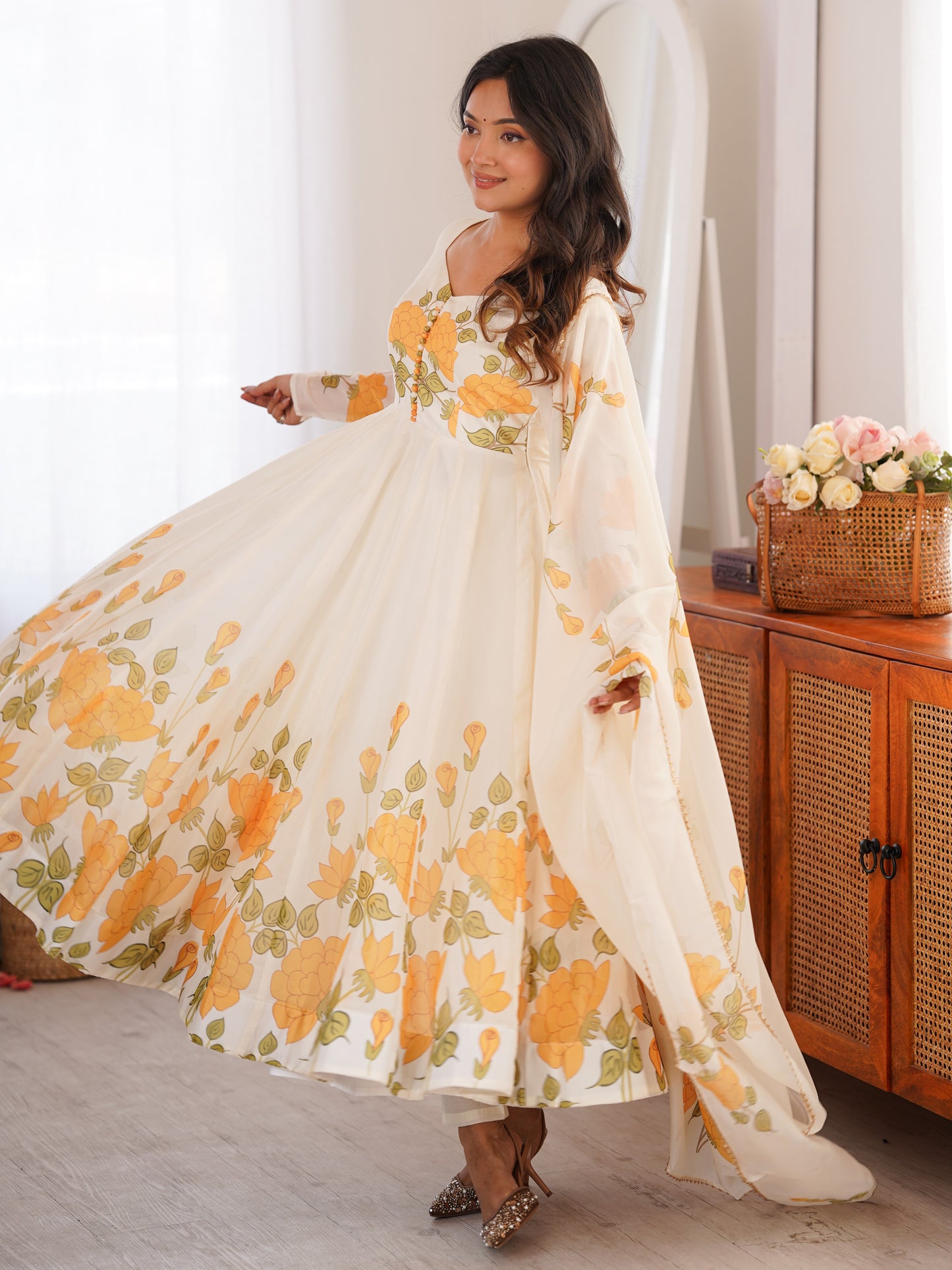 Adorable Off-White Floral Printed Organza Festival Anarkali Suit