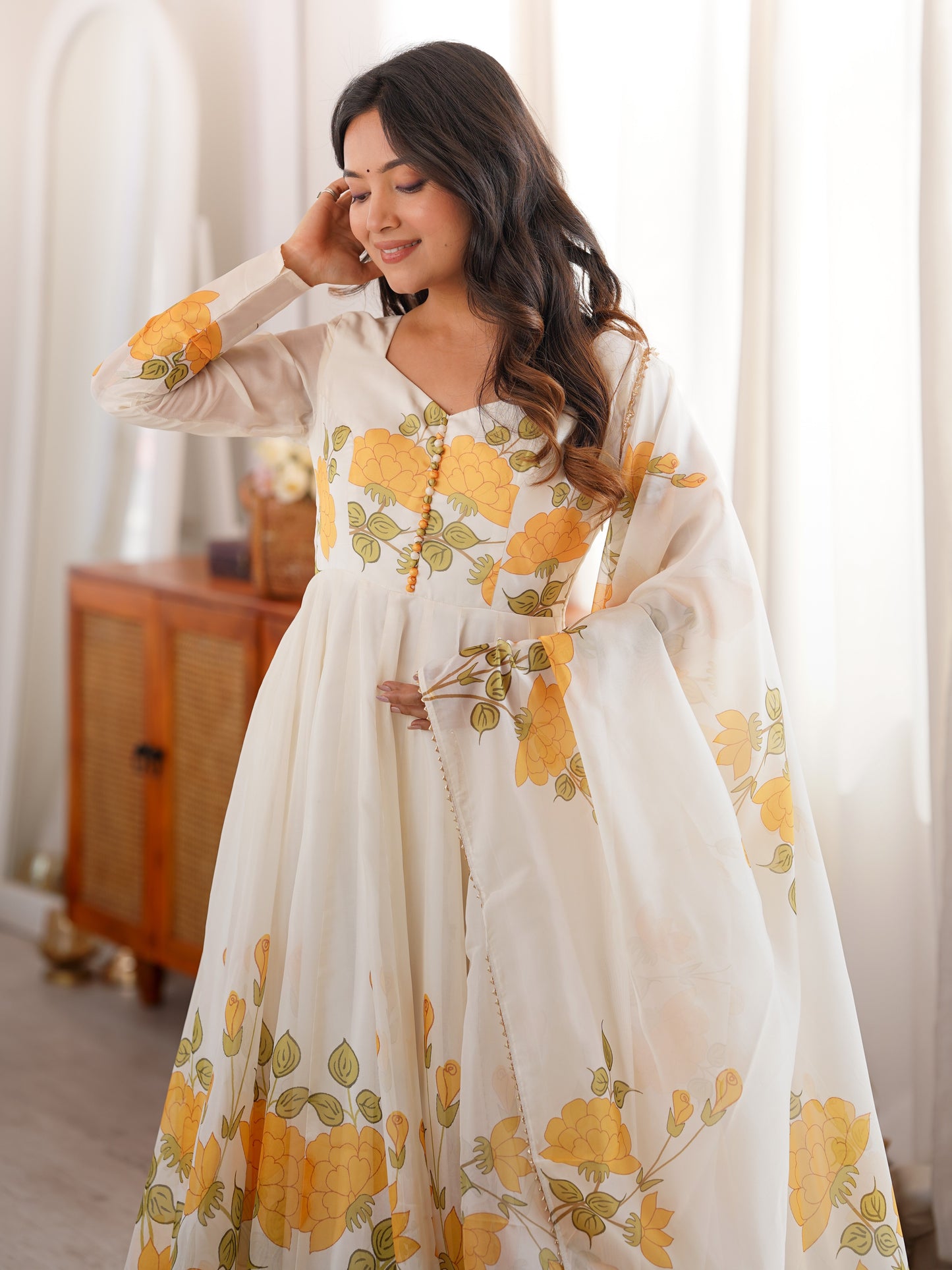 Adorable Off-White Floral Printed Organza Festival Anarkali Suit