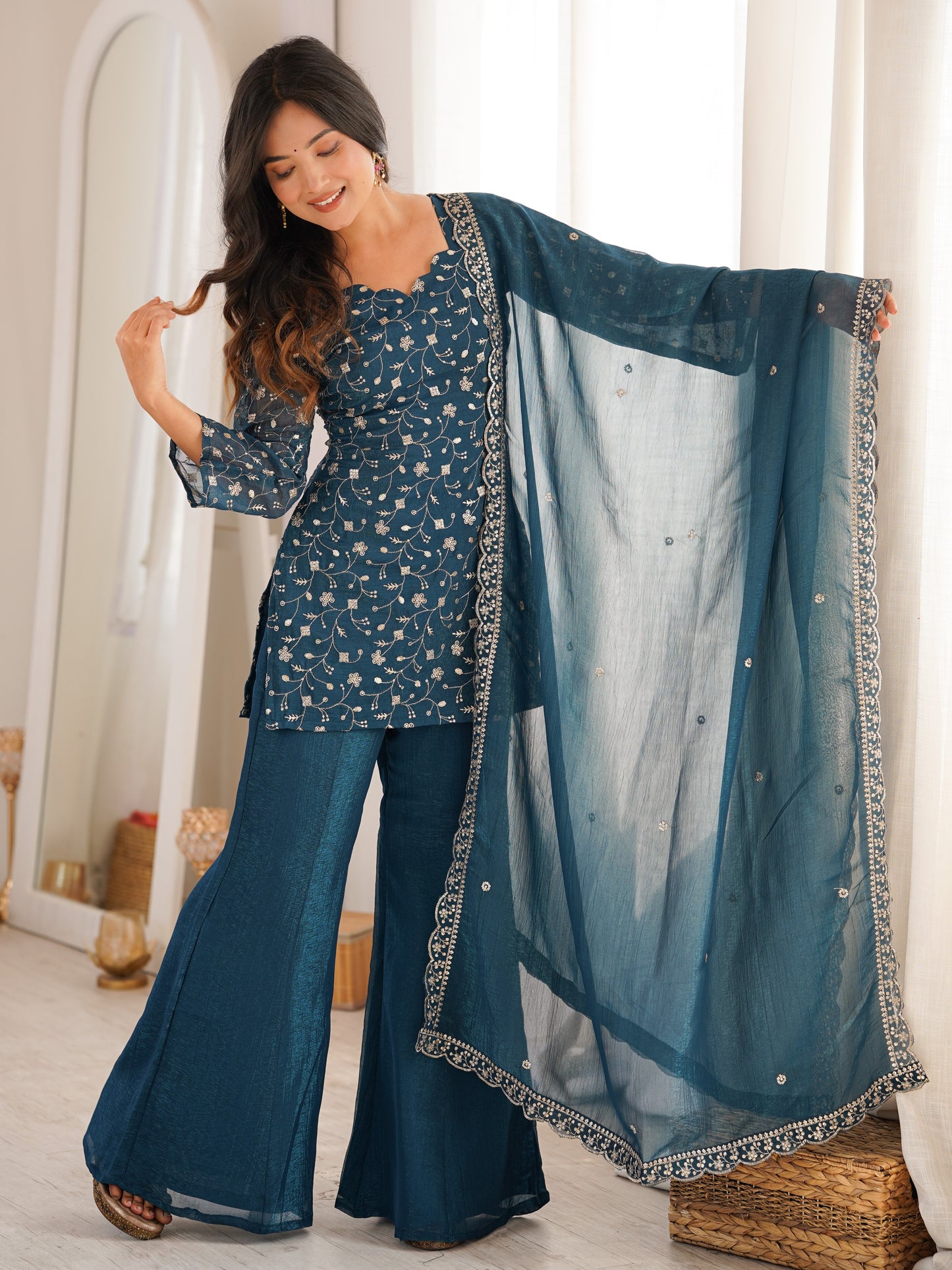 Enchanting Blue Embroidered Crunchy Silk Sangeet Wear Pant Suit