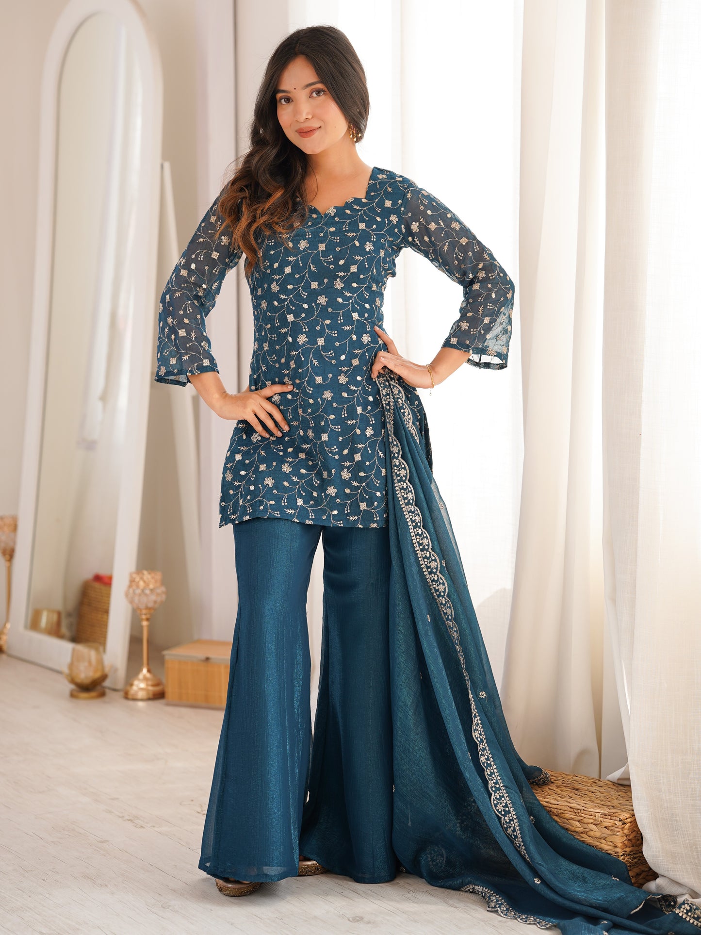 Enchanting Blue Embroidered Crunchy Silk Sangeet Wear Pant Suit