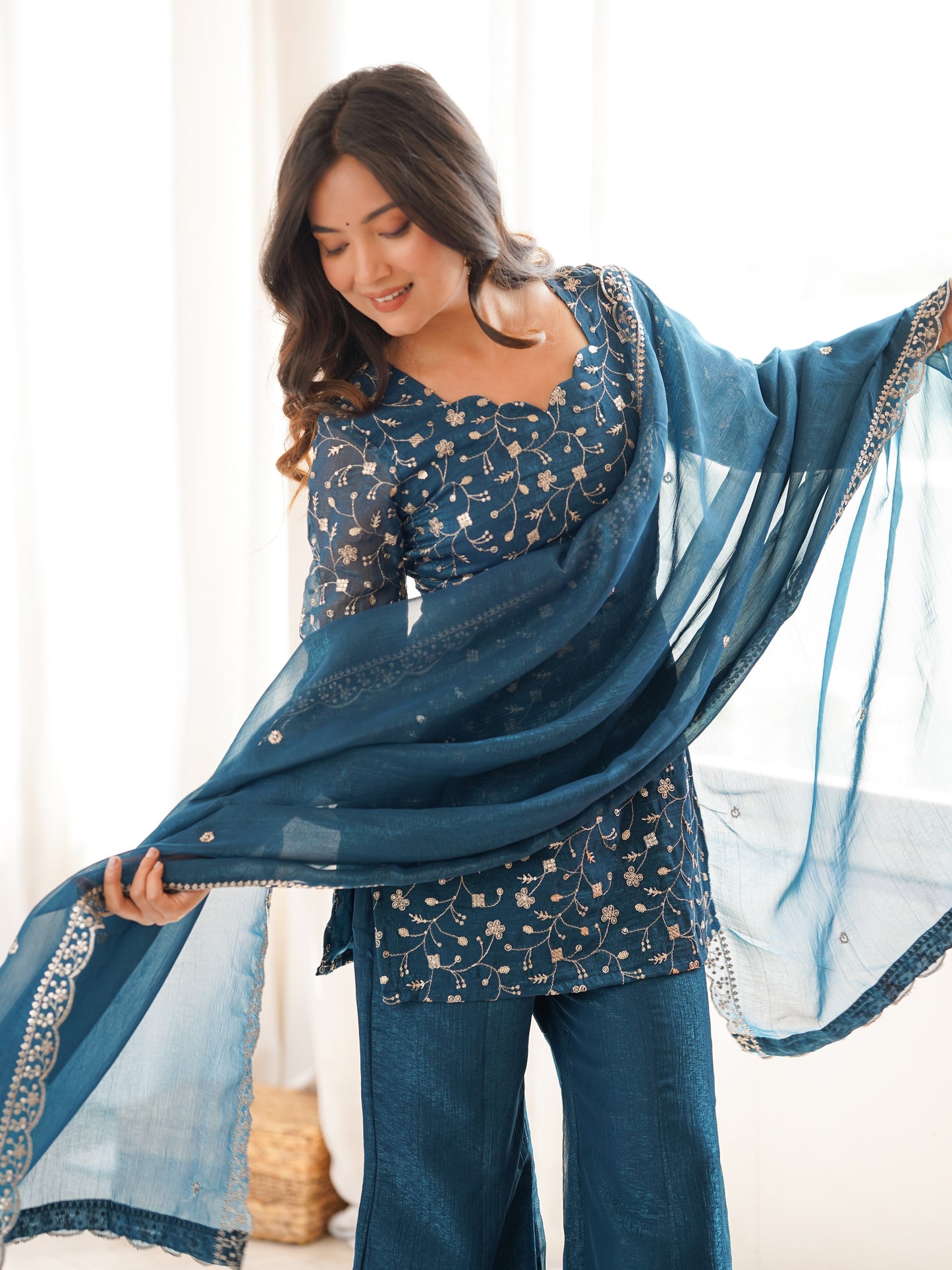 Enchanting Blue Embroidered Crunchy Silk Sangeet Wear Pant Suit