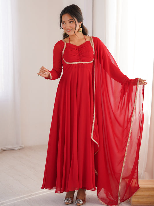 Eye-catchy Red Plain Georgette Wedding Wear Gown