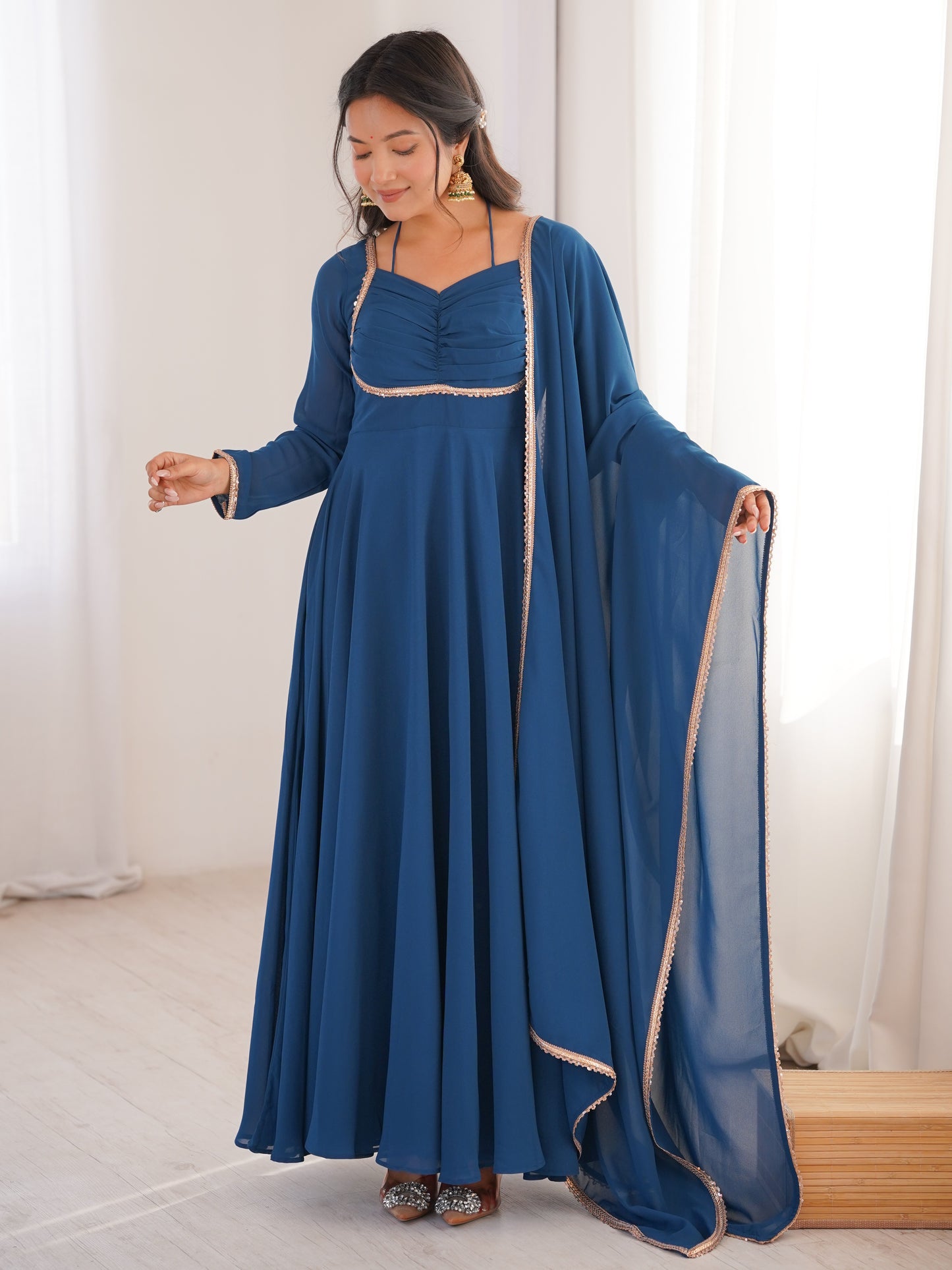 Precious Blue Plain Georgette Engagement Wear Gown