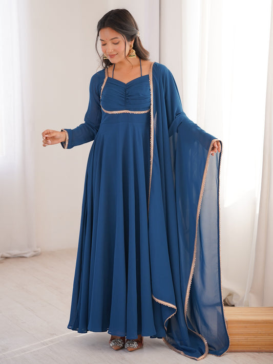 Precious Blue Plain Georgette Engagement Wear Gown