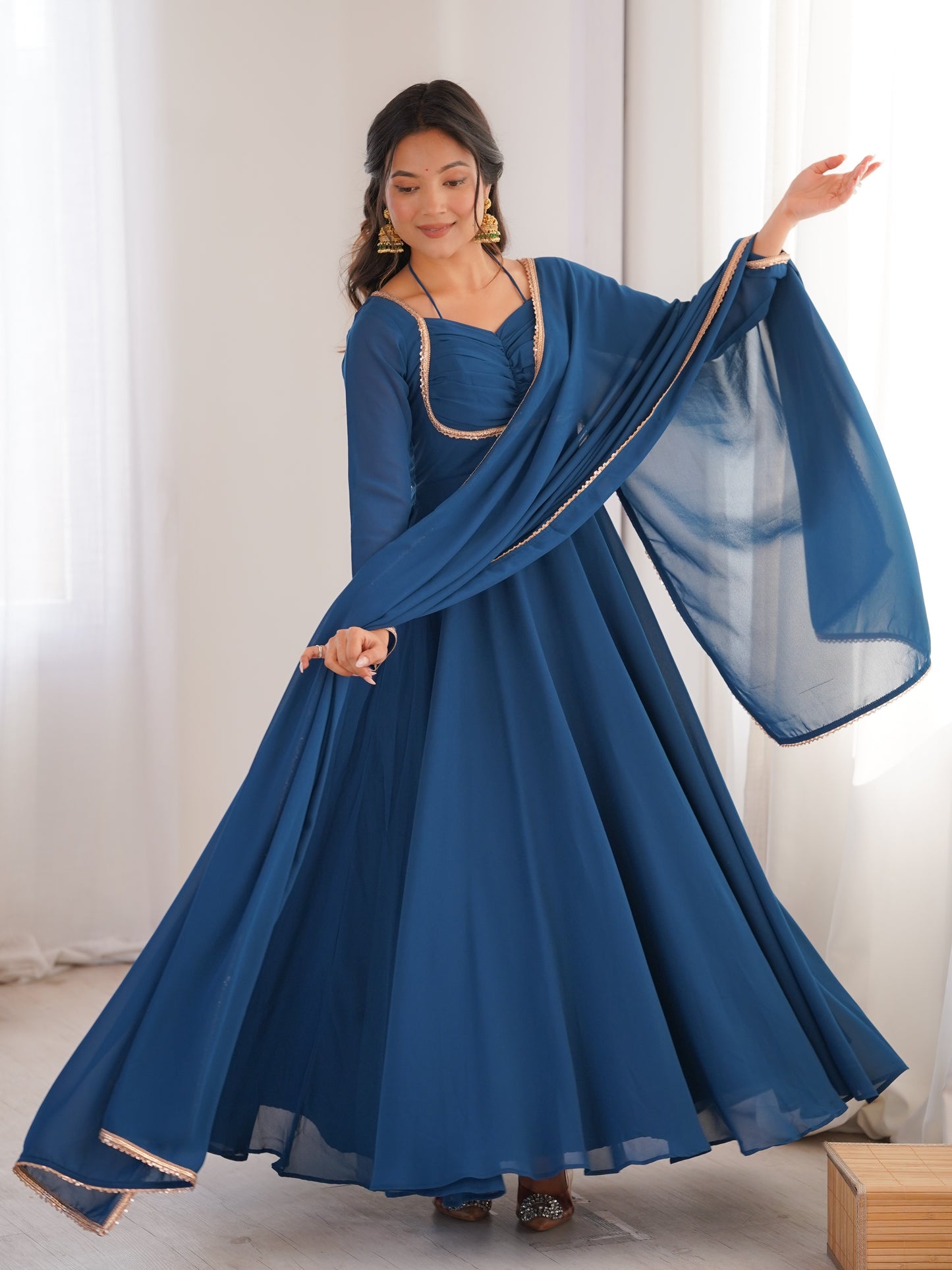 Precious Blue Plain Georgette Engagement Wear Gown