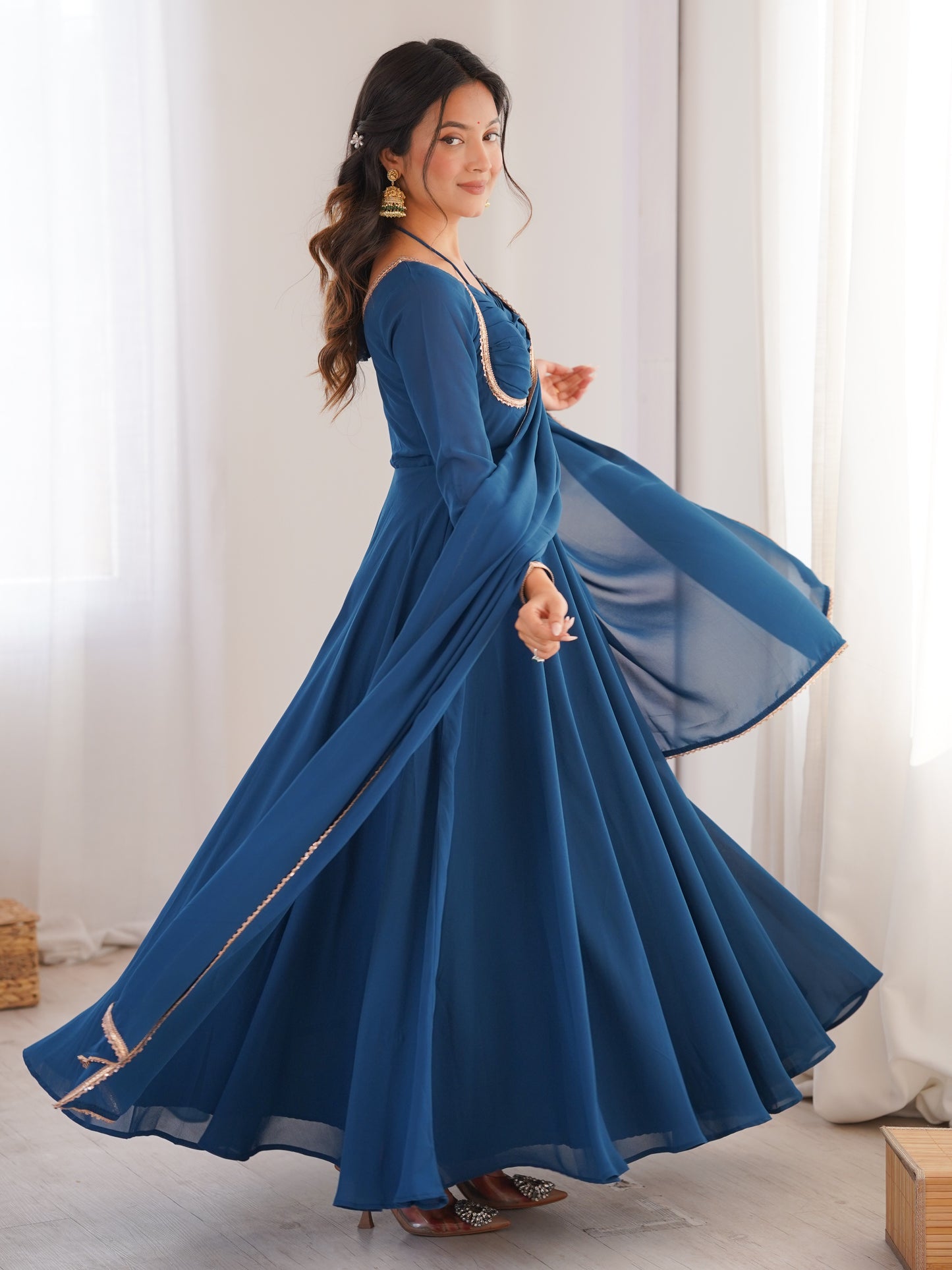 Precious Blue Plain Georgette Engagement Wear Gown