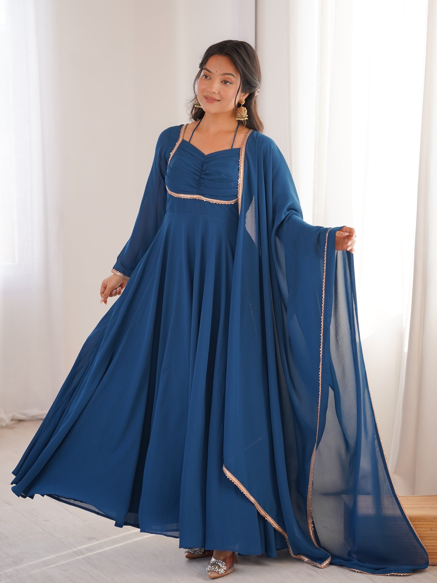 Precious Blue Plain Georgette Engagement Wear Gown