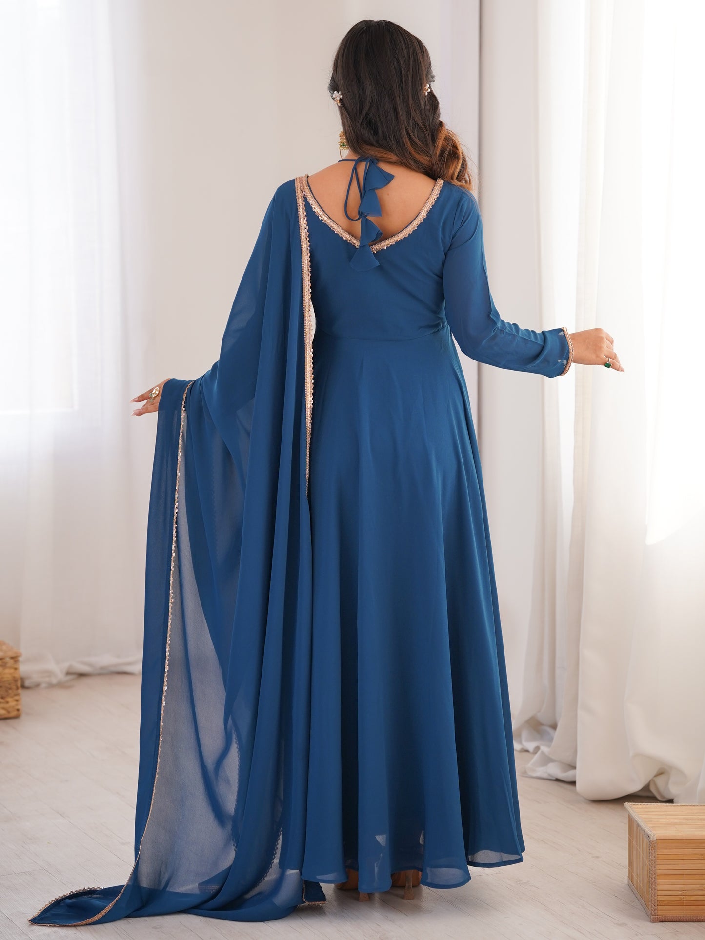 Precious Blue Plain Georgette Engagement Wear Gown
