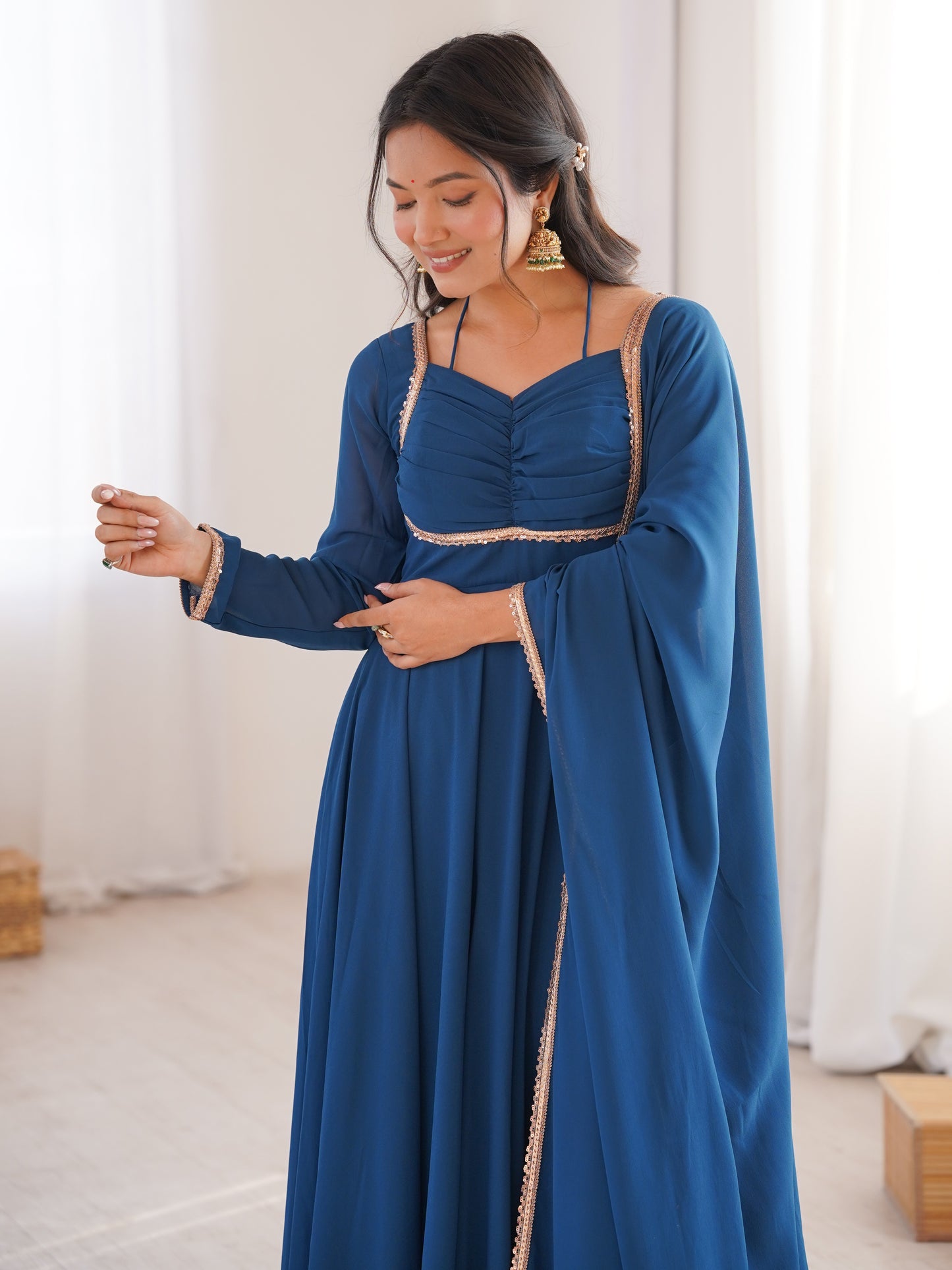 Precious Blue Plain Georgette Engagement Wear Gown
