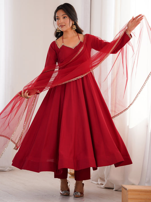 Astonishing Red Plain Roman Silk Event Wear anarkali suit