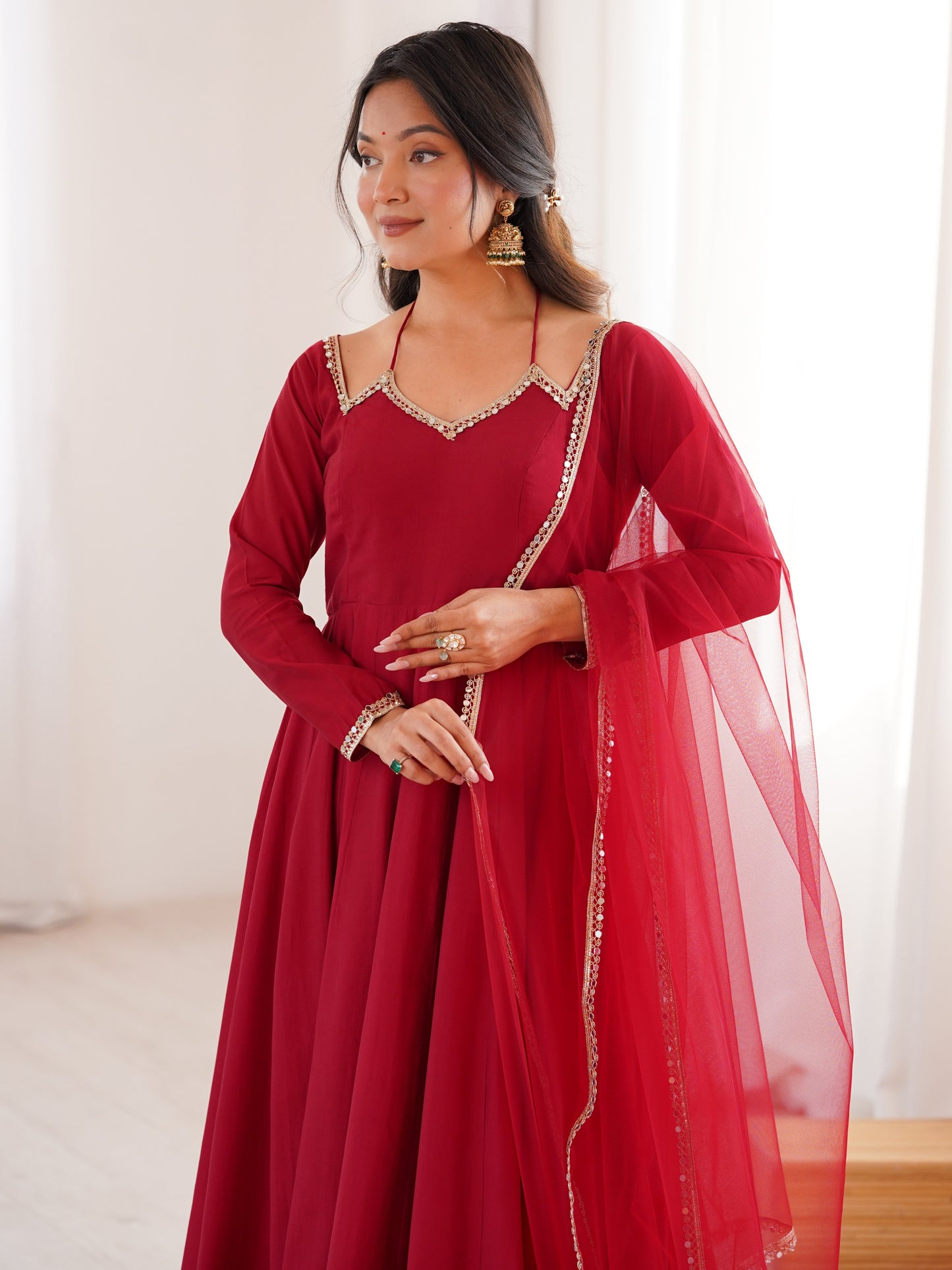 Astonishing Red Plain Roman Silk Event Wear anarkali suit
