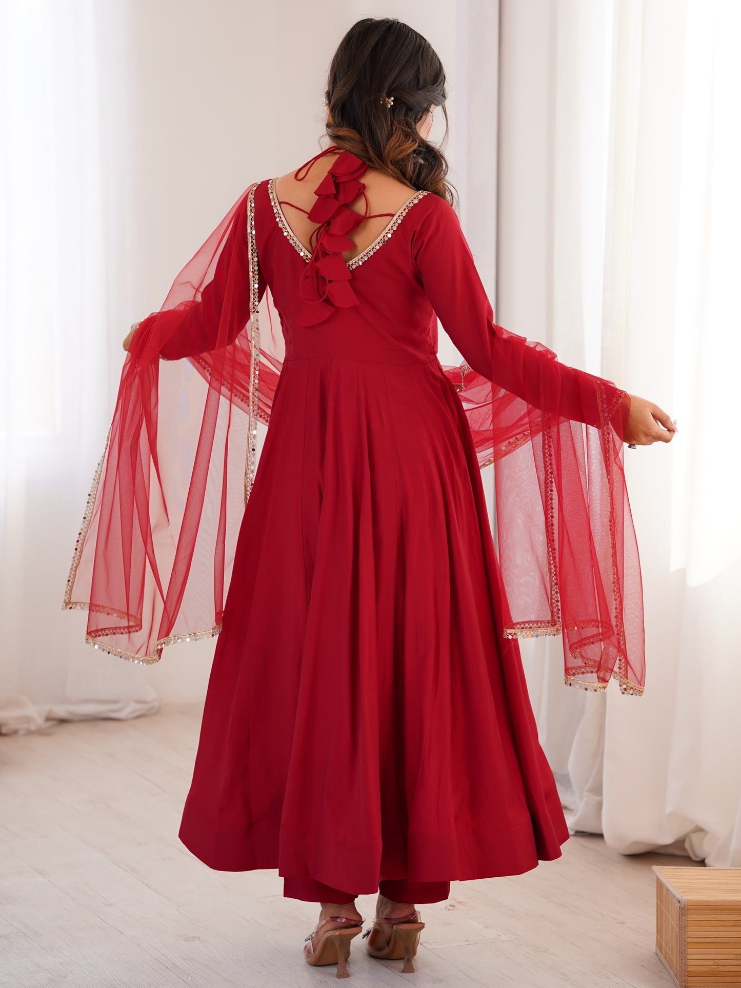 Astonishing Red Plain Roman Silk Event Wear anarkali suit