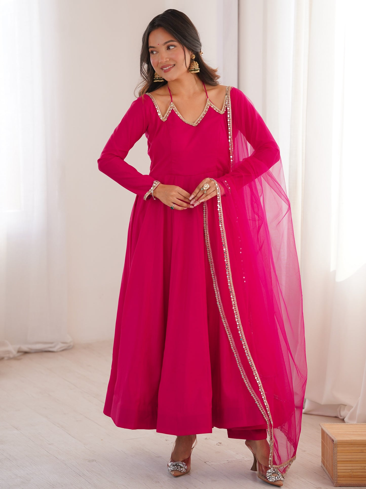 Glamorous Pink Plain Roman Silk Festive Anarkali Suit