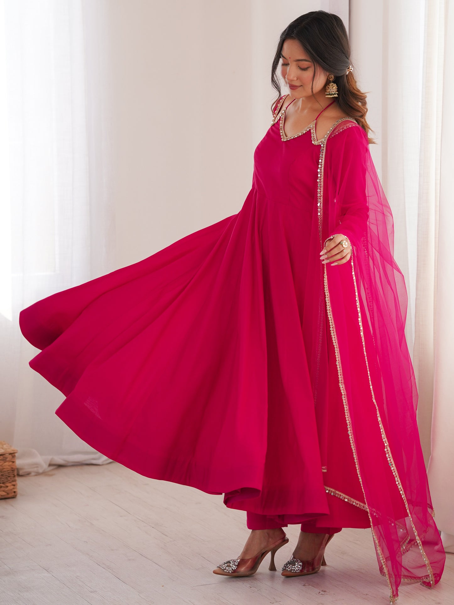Glamorous Pink Plain Roman Silk Festive Anarkali Suit