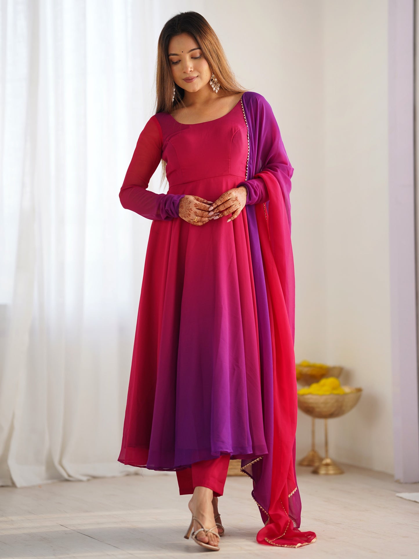 Spectacular Pink Plain Georgette Evening Wear Anarkali Suit