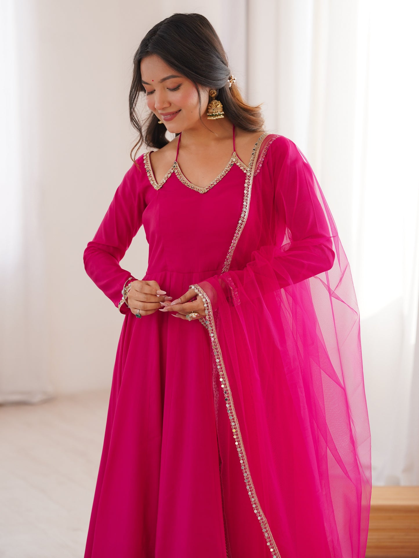 Glamorous Pink Plain Roman Silk Festive Anarkali Suit