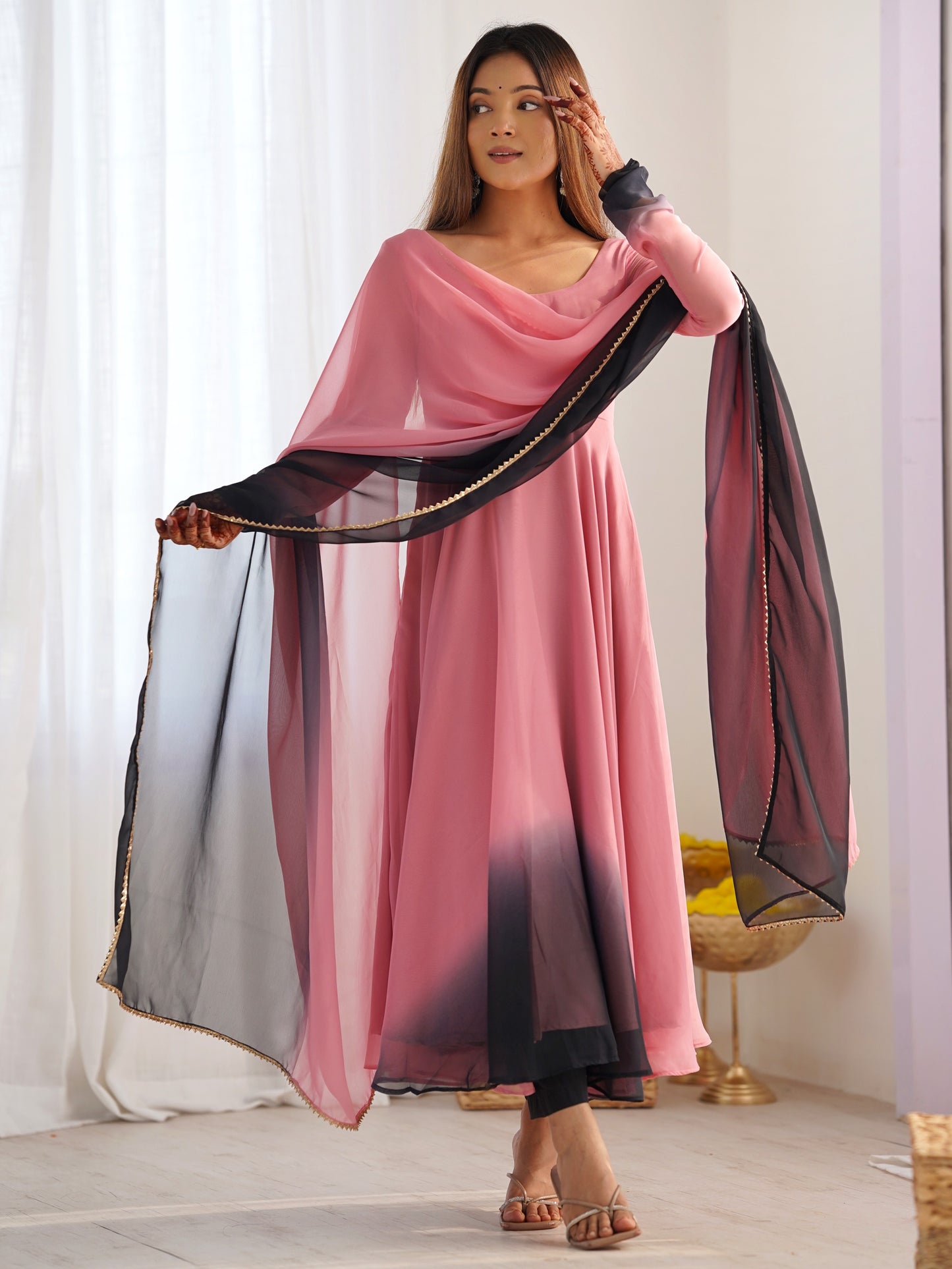 Alluring Baby Pink Plain Georgette Event Wear Anarkali Suit