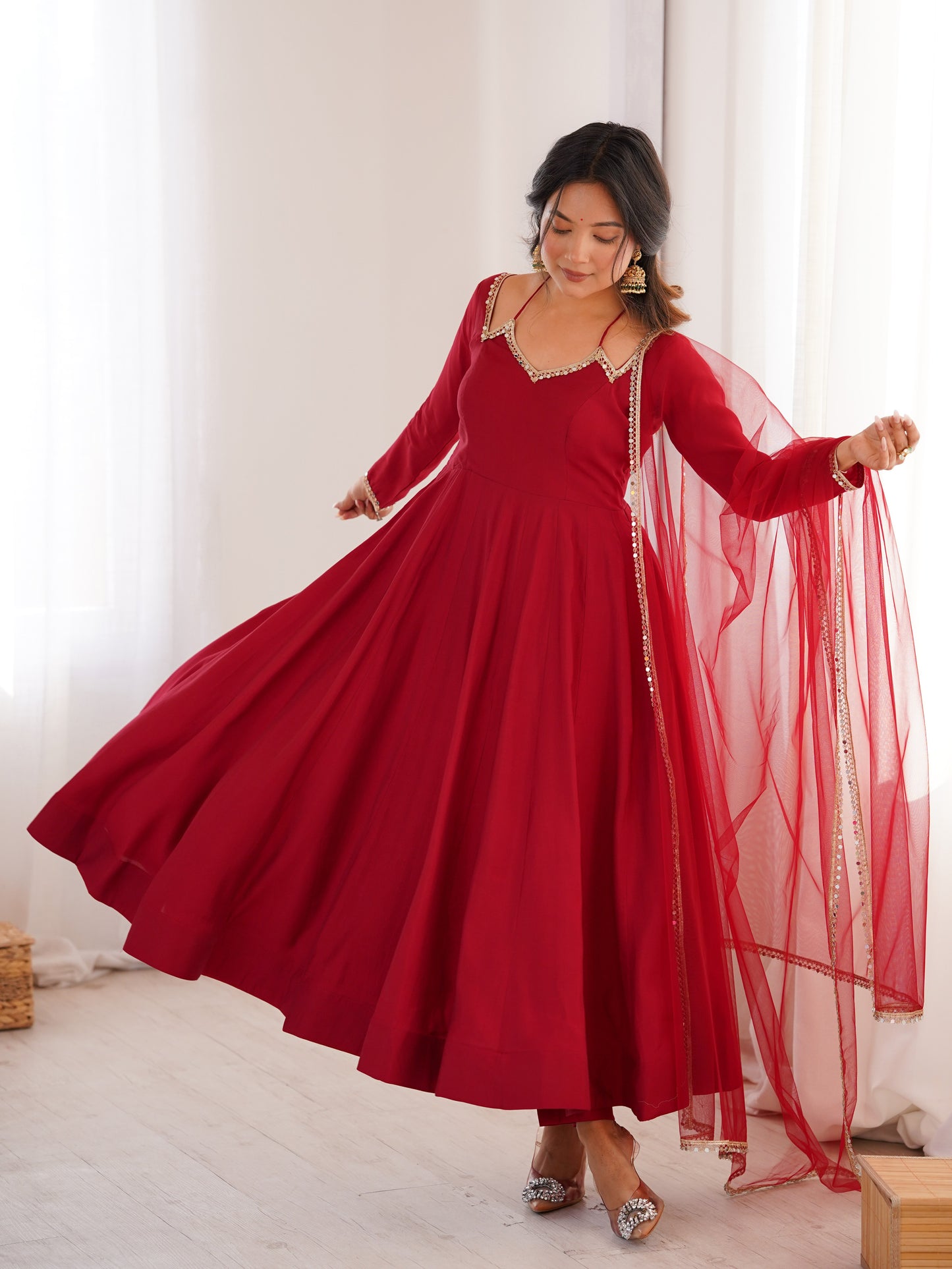 Astonishing Red Plain Roman Silk Event Wear anarkali suit