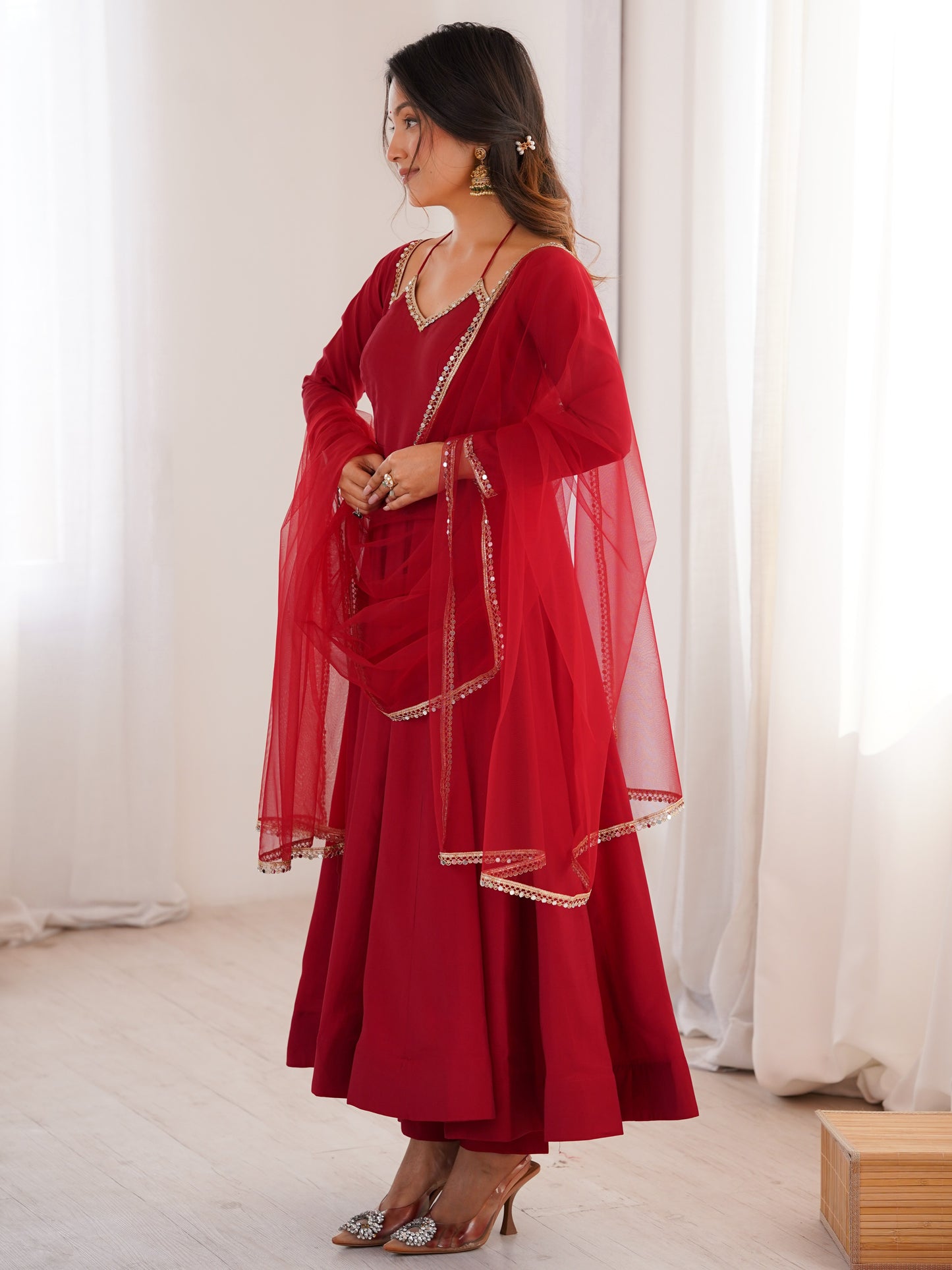Astonishing Red Plain Roman Silk Event Wear anarkali suit