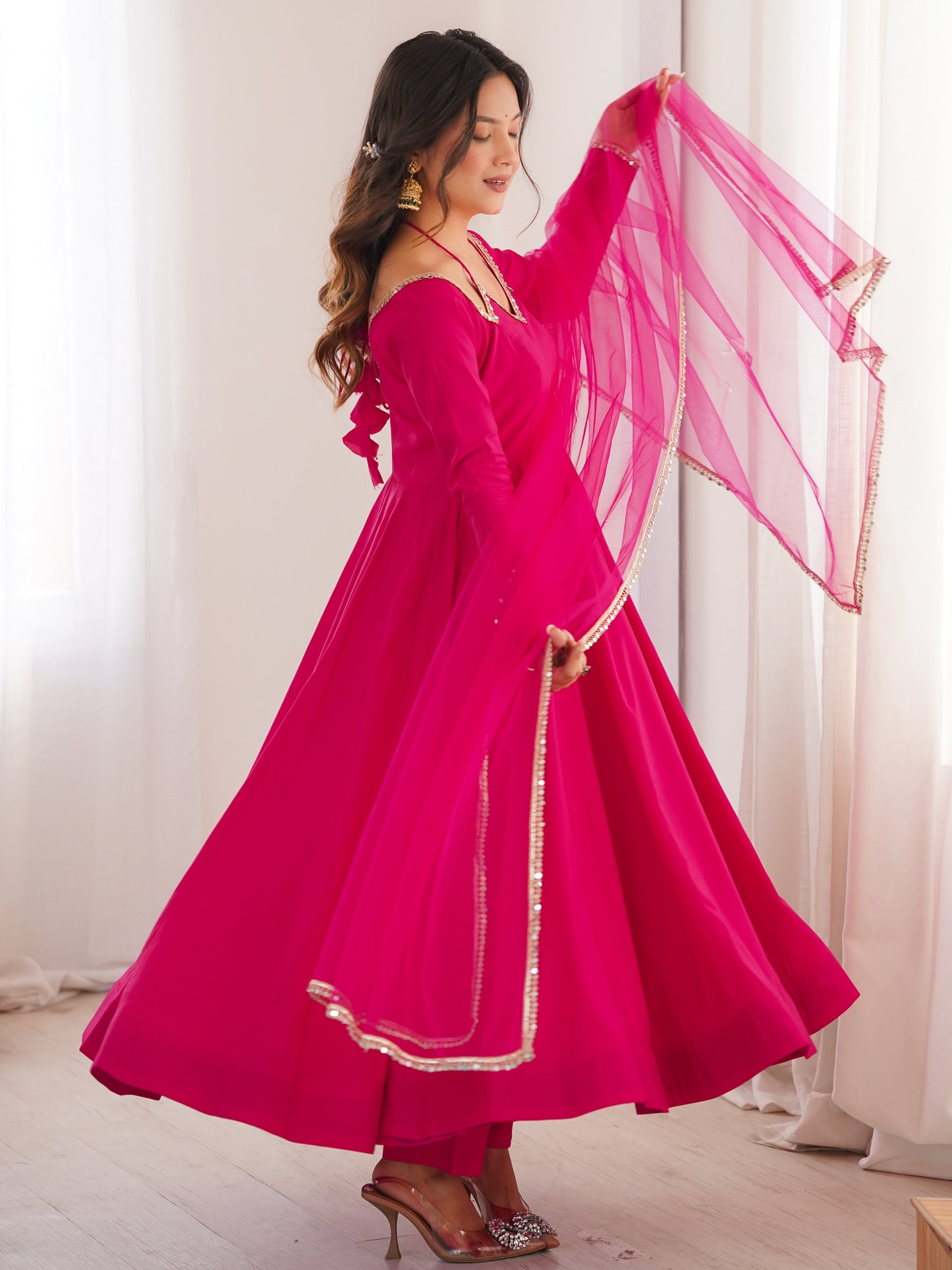 Glamorous Pink Plain Roman Silk Festive Anarkali Suit
