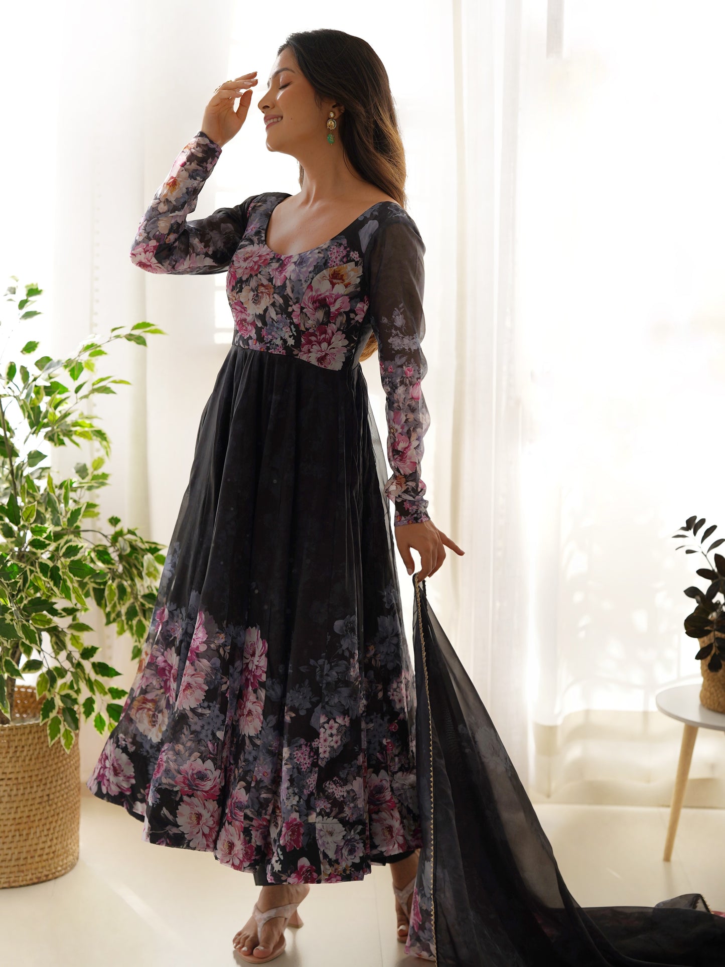 Gorgeous Black floral Printed Organza Anarkali Suit
