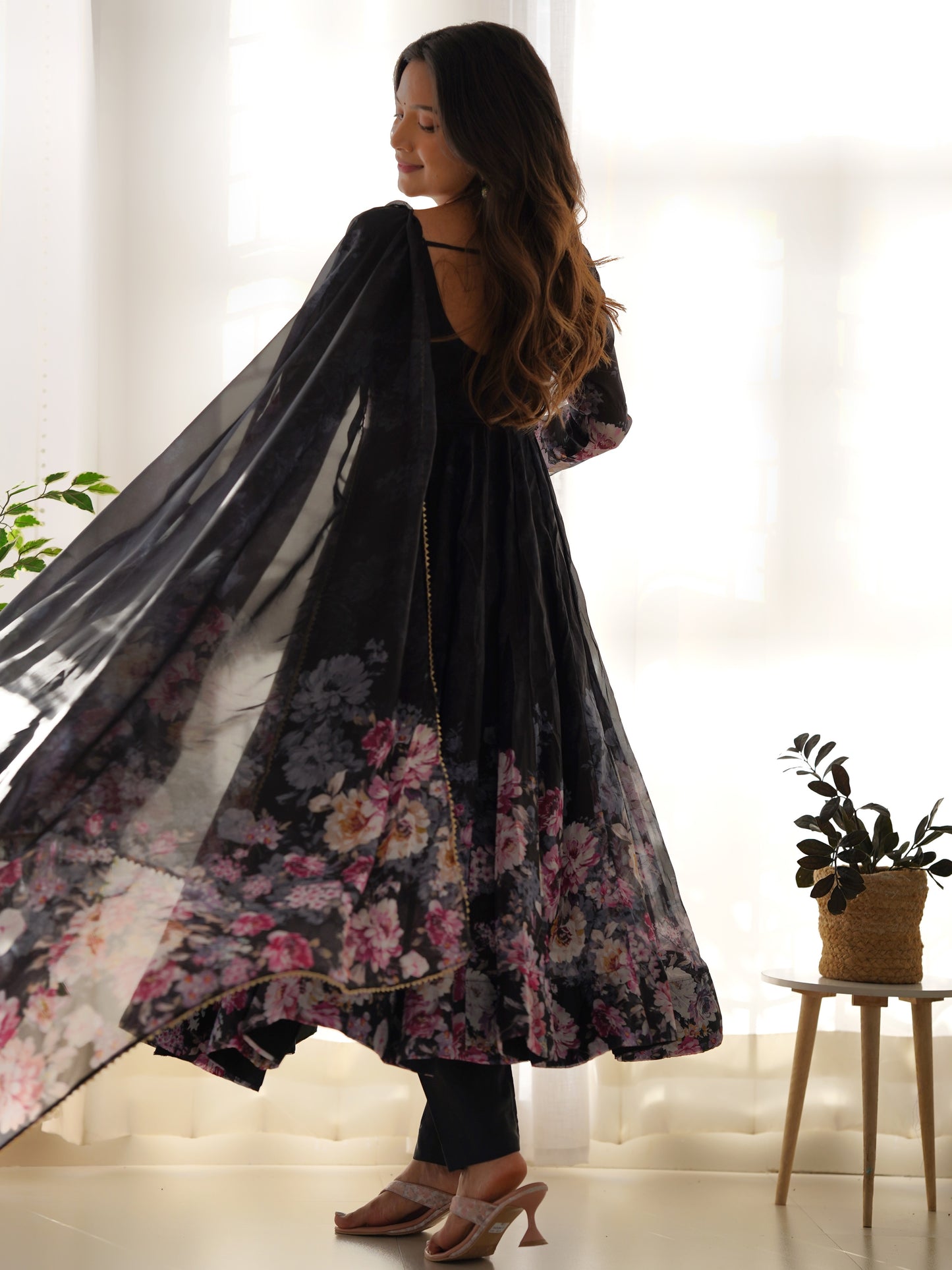 Gorgeous Black floral Printed Organza Anarkali Suit